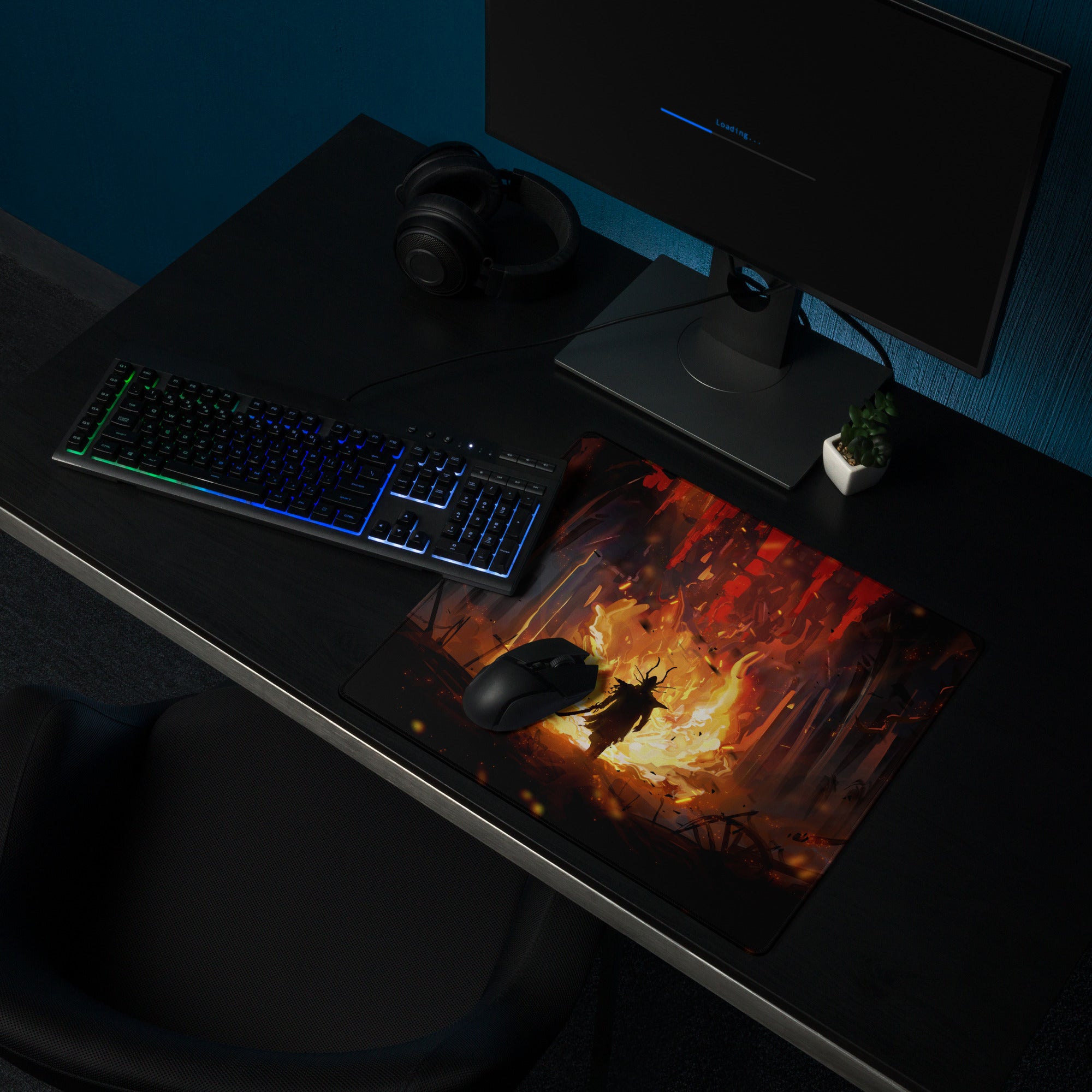 Gaming Mouse Pad Large Black Red Orange Fiery Fantasy Digital Art For Esports Desk Setup Non Slip Edge Stitching