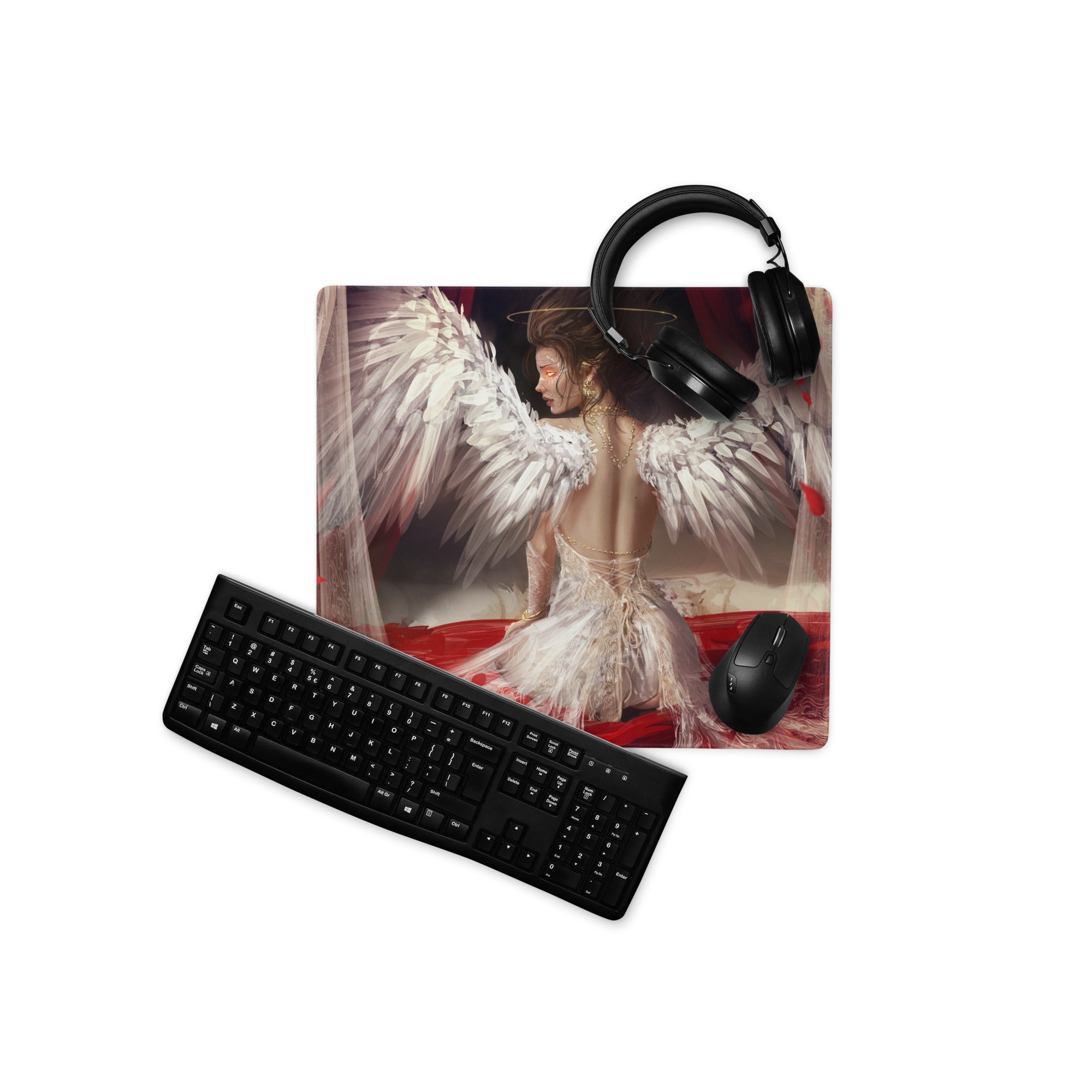 Fantasy Angel Wings Gaming Mouse Pad Red White Black Desk Mat Non Slip Large Edge Stitching