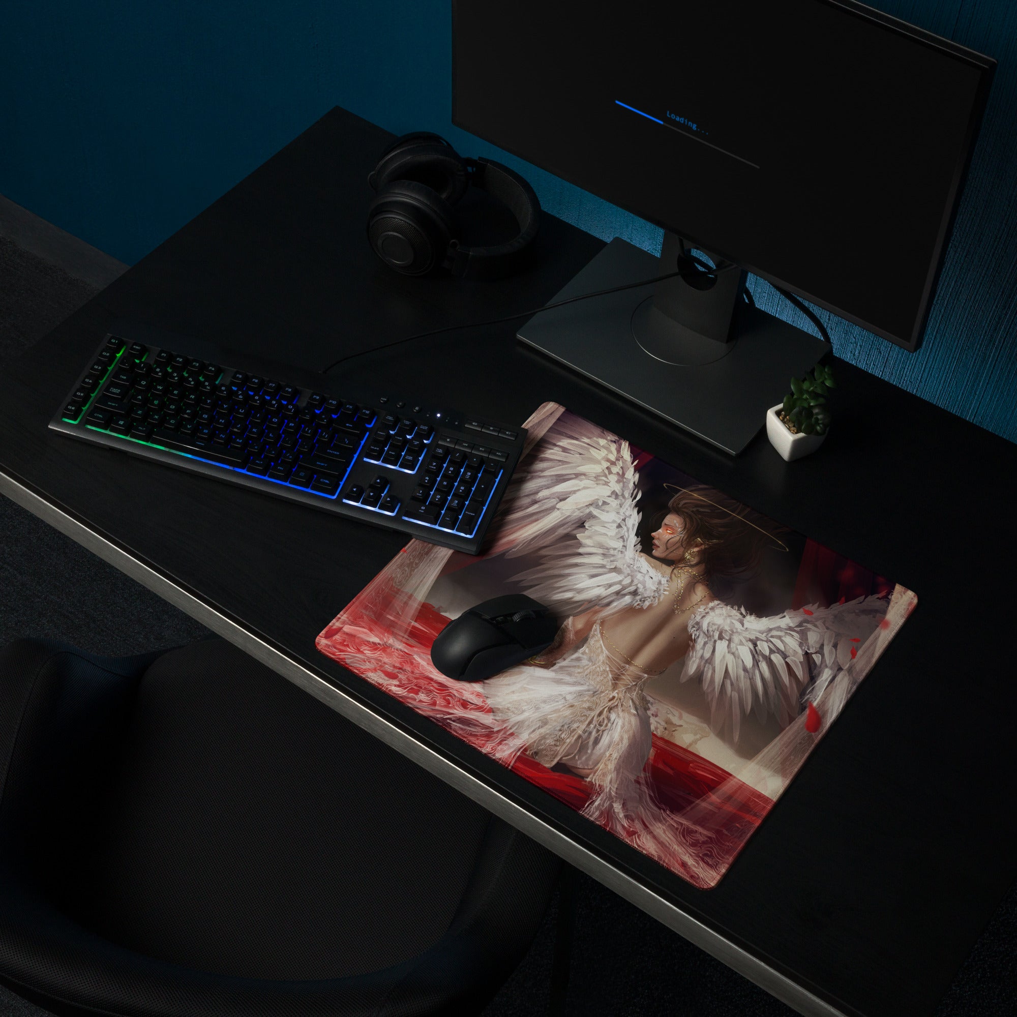 Fantasy Angel Wings Gaming Mouse Pad Red White Black Desk Mat Non Slip Large Edge Stitching