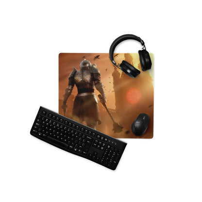 Large Gaming Mouse Pad Fiery Orange Battle Scene With Knight Warrior Artwork Non Slip Edge Stitching