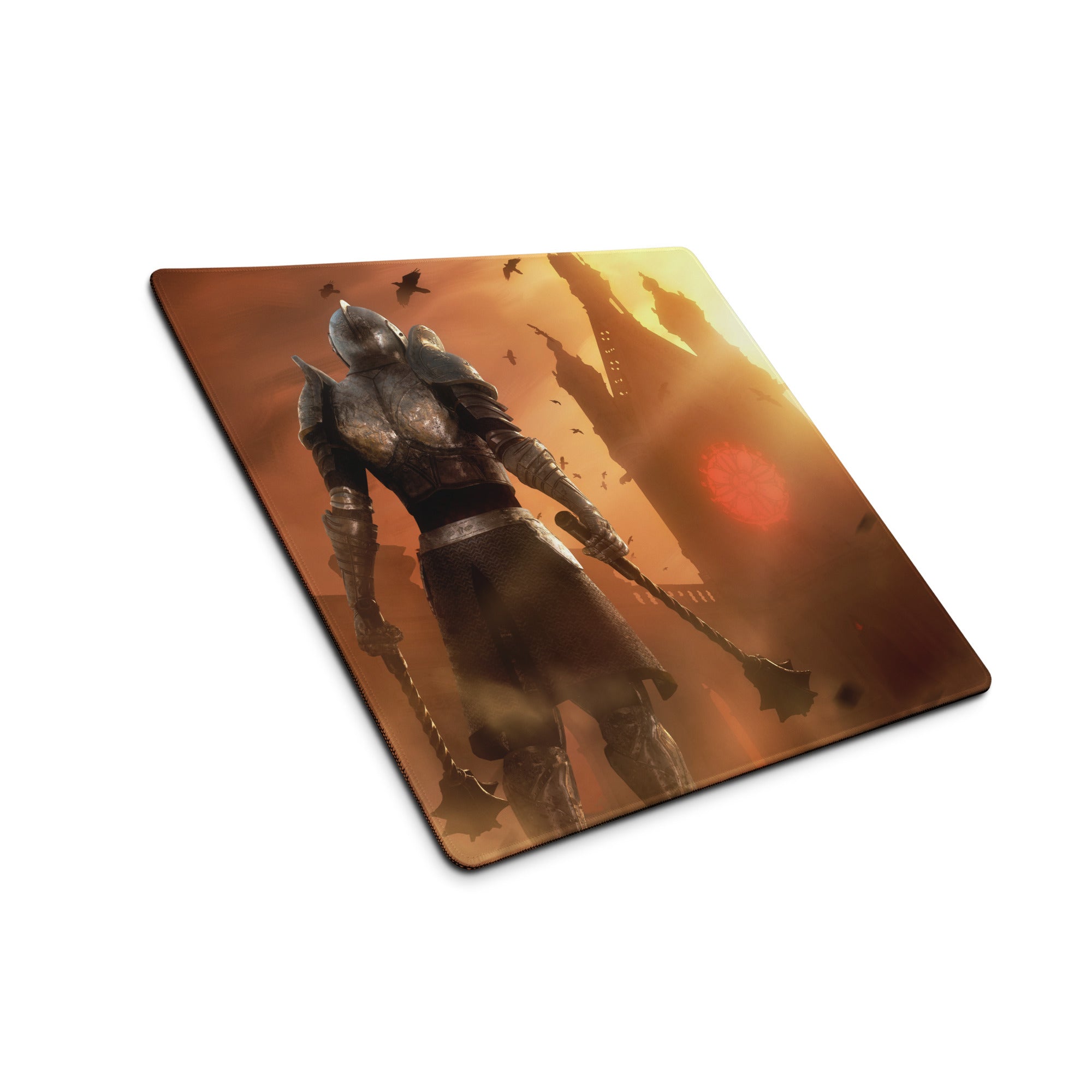 Large Gaming Mouse Pad Fiery Orange Battle Scene With Knight Warrior Artwork Non Slip Edge Stitching