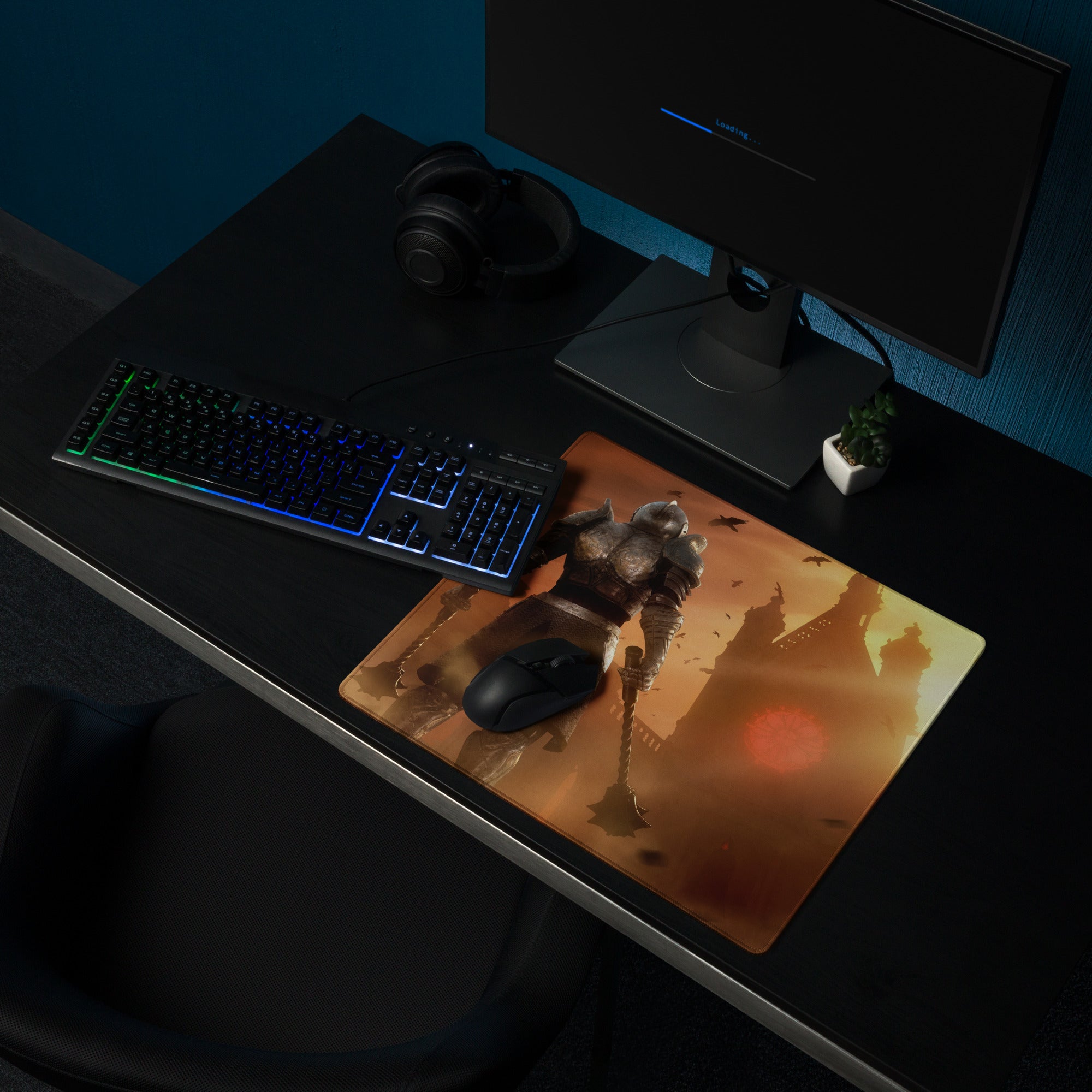 Large Gaming Mouse Pad Fiery Orange Battle Scene With Knight Warrior Artwork Non Slip Edge Stitching