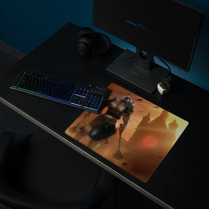 Large Gaming Mouse Pad Fiery Orange Battle Scene With Knight Warrior Artwork Non Slip Edge Stitching