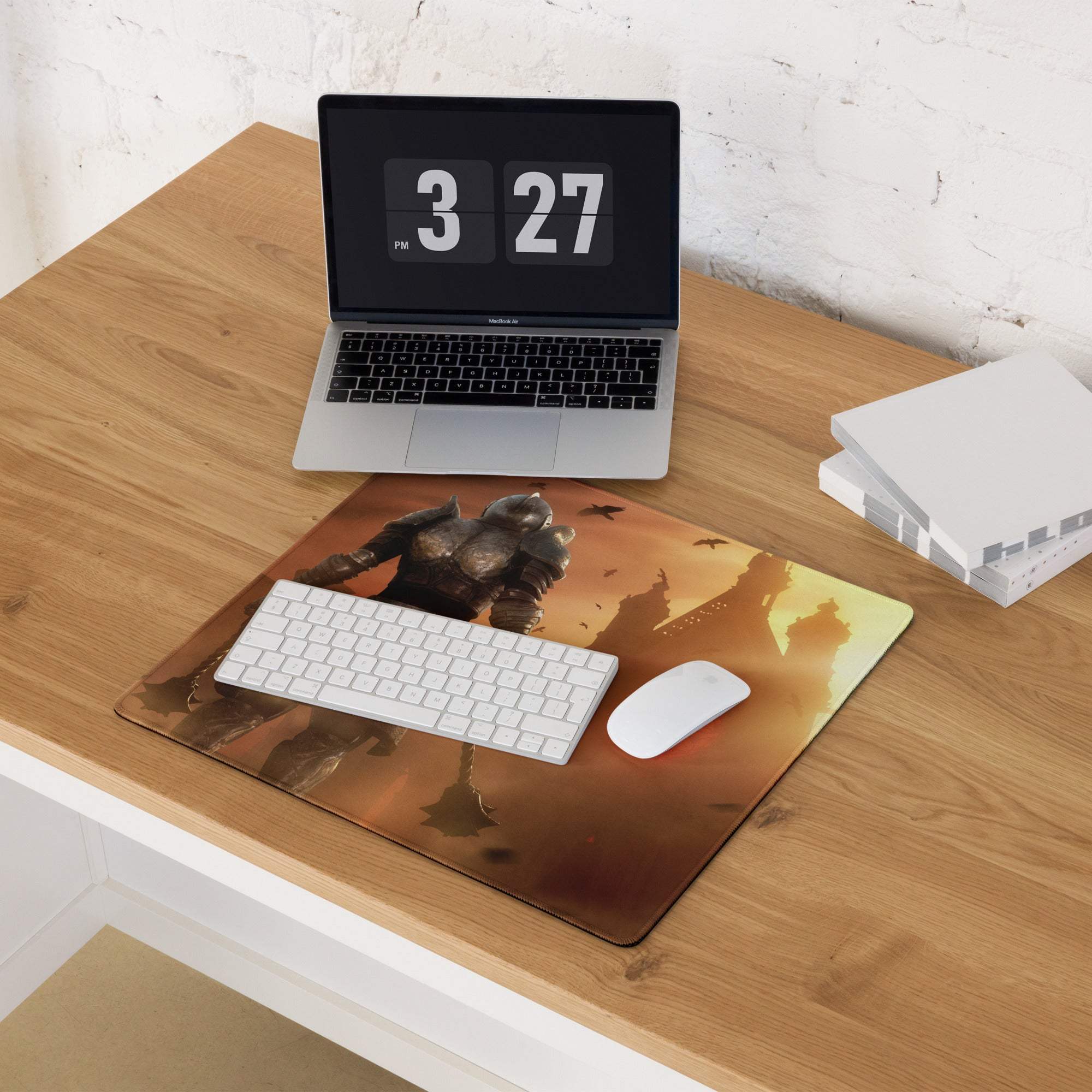 Brown and orange fantasy gaming mouse pad featuring an armored warrior silhouette against a sunset backdrop
