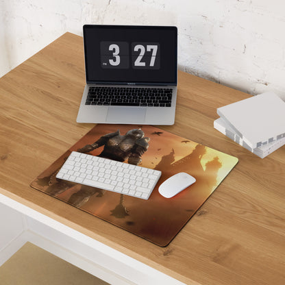 Large Gaming Mouse Pad Fiery Orange Battle Scene With Knight Warrior Artwork Non Slip Edge Stitching