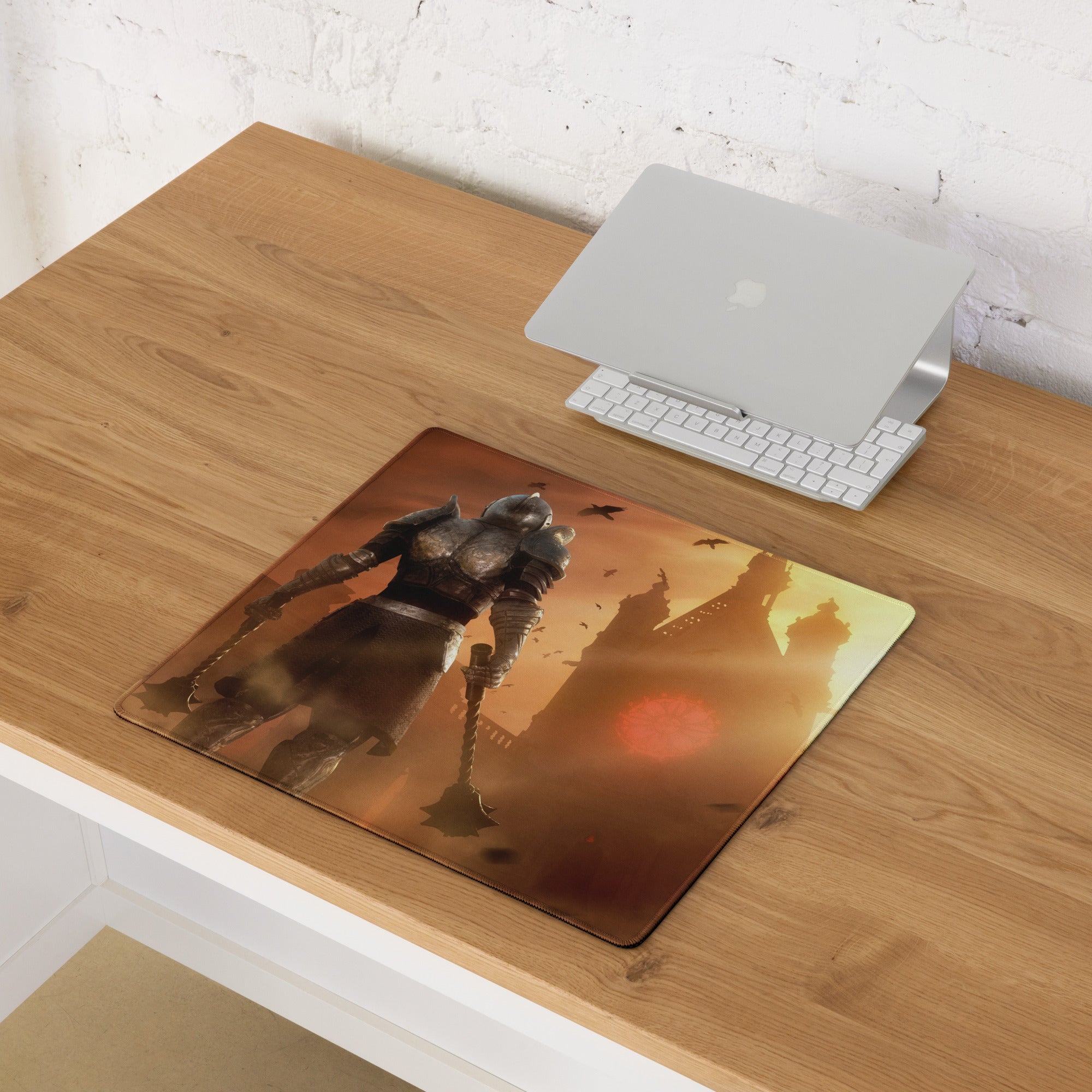 Large Gaming Mouse Pad Fiery Orange Battle Scene With Knight Warrior Artwork Non Slip Edge Stitching