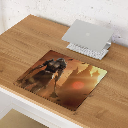 Large Gaming Mouse Pad Fiery Orange Battle Scene With Knight Warrior Artwork Non Slip Edge Stitching
