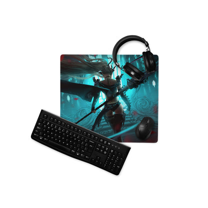 Gaming Mouse Pad Large Size Neon Blue Teal Artwork With Red Accents Cyberpunk Fantasy Desk Mat For Gaming Setup