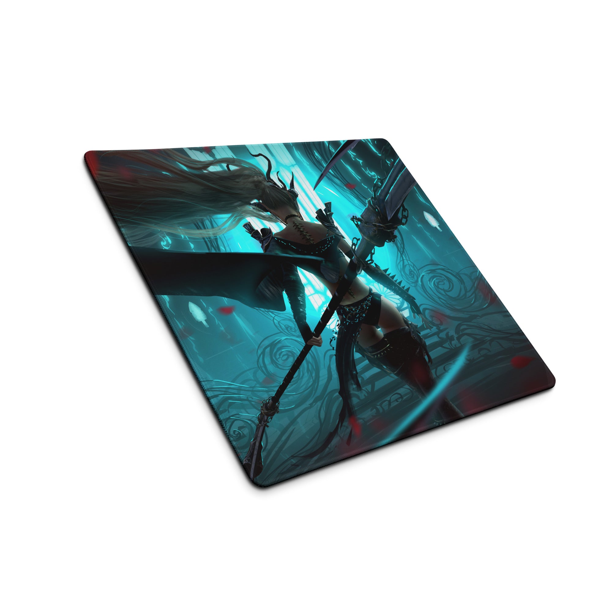 Gaming Mouse Pad Large Size Neon Blue Teal Artwork With Red Accents Cyberpunk Fantasy Desk Mat For Gaming Setup