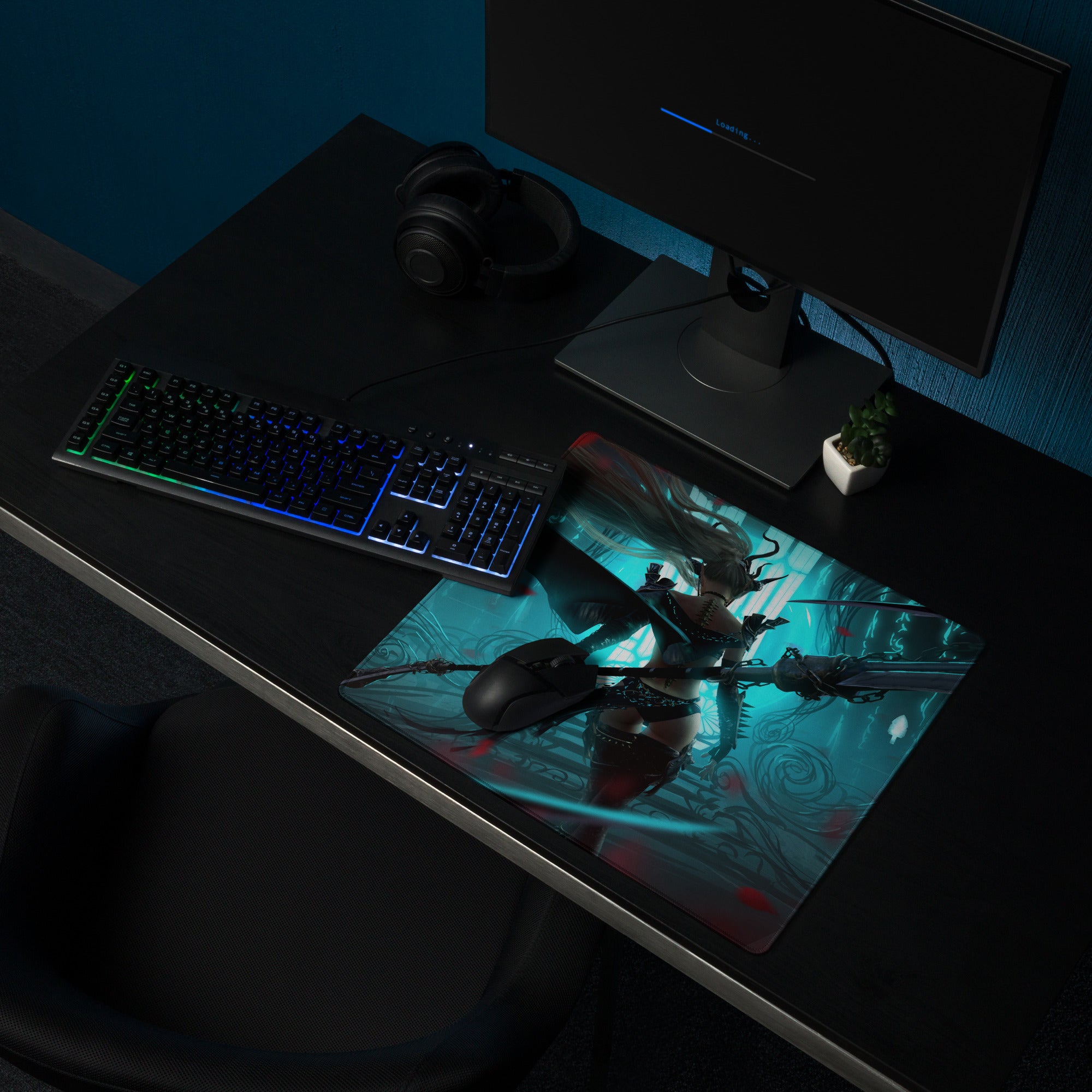Gaming Mouse Pad Large Size Neon Blue Teal Artwork With Red Accents Cyberpunk Fantasy Desk Mat For Gaming Setup