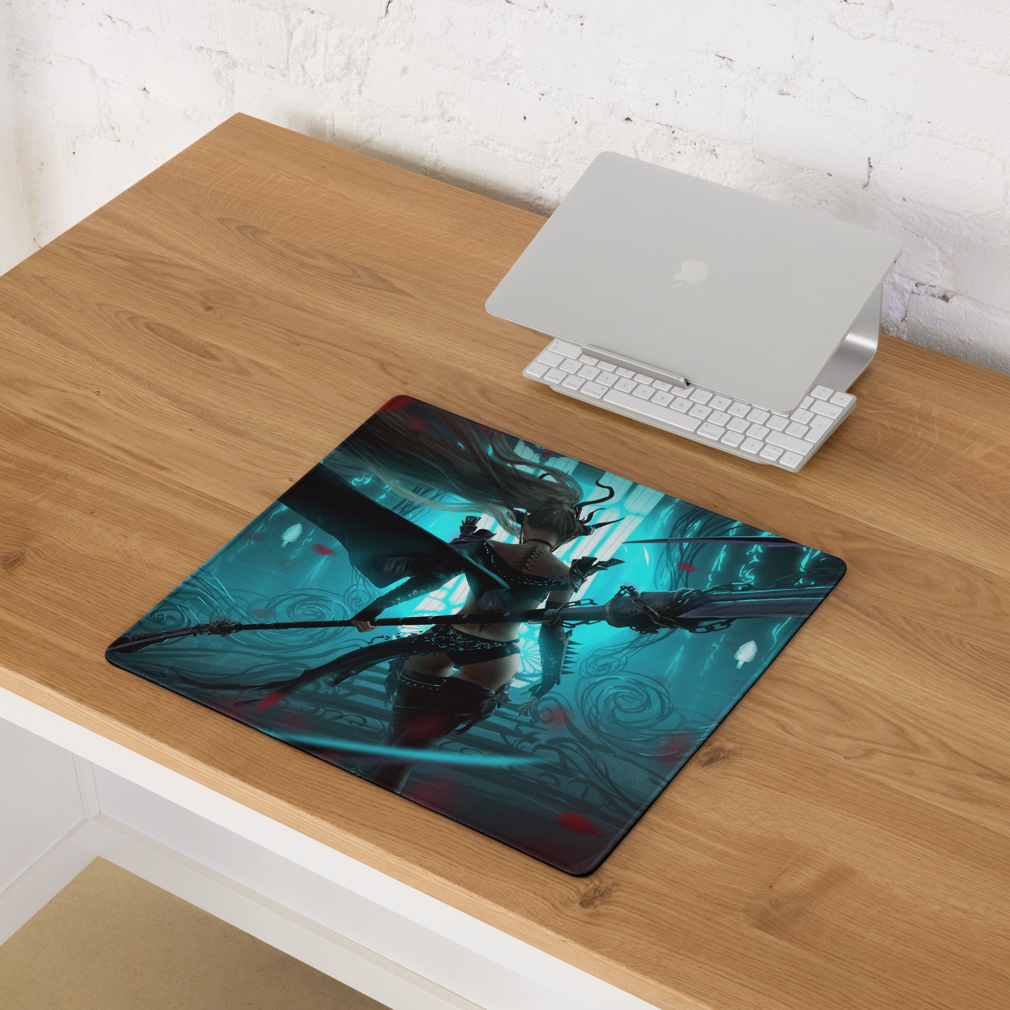 Gaming Mouse Pad Large Size Neon Blue Teal Artwork With Red Accents Cyberpunk Fantasy Desk Mat For Gaming Setup