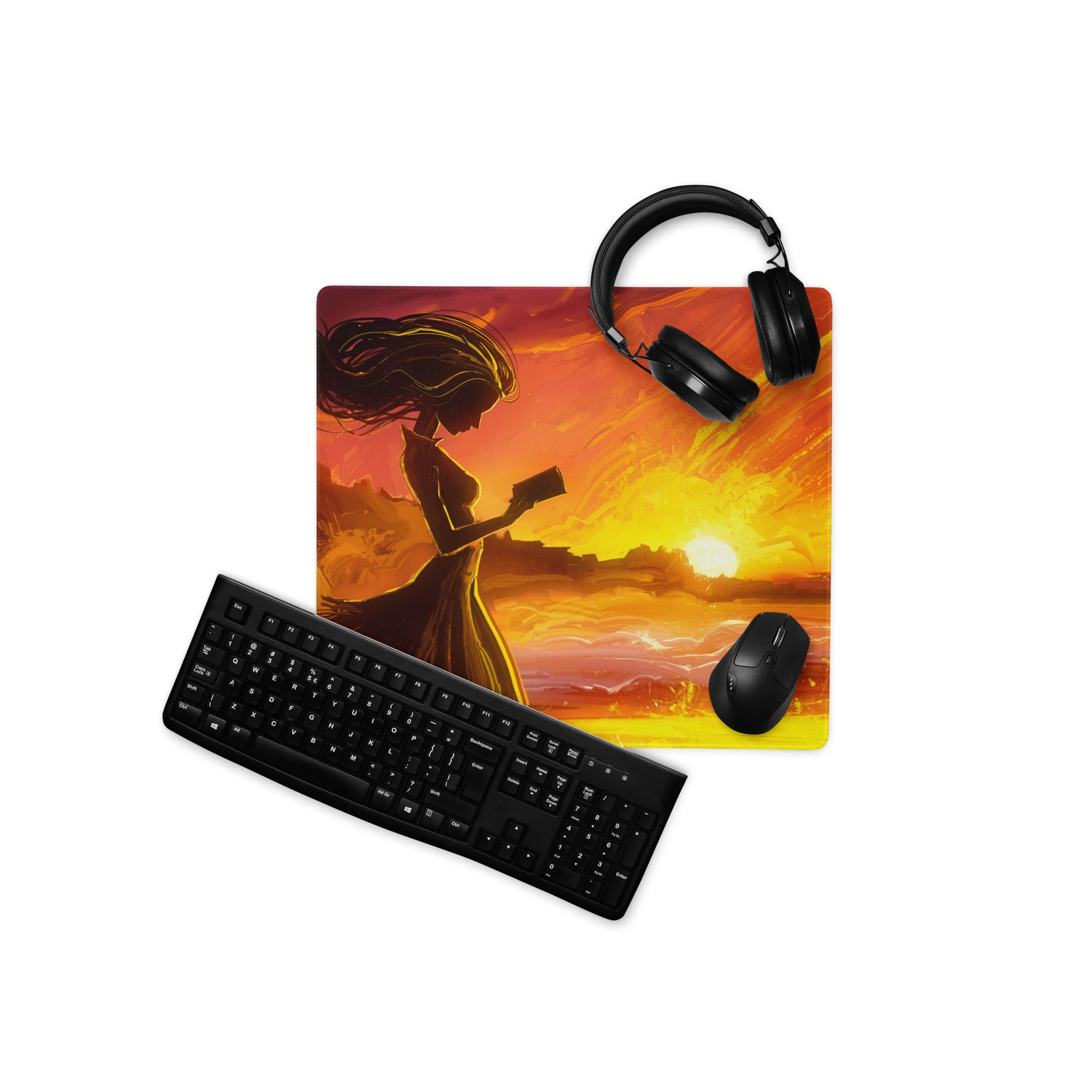 Gamer Mouse Pad Fiery Orange Sunset for Gaming Setup Large Desk Mat in Epic Digital Art Style