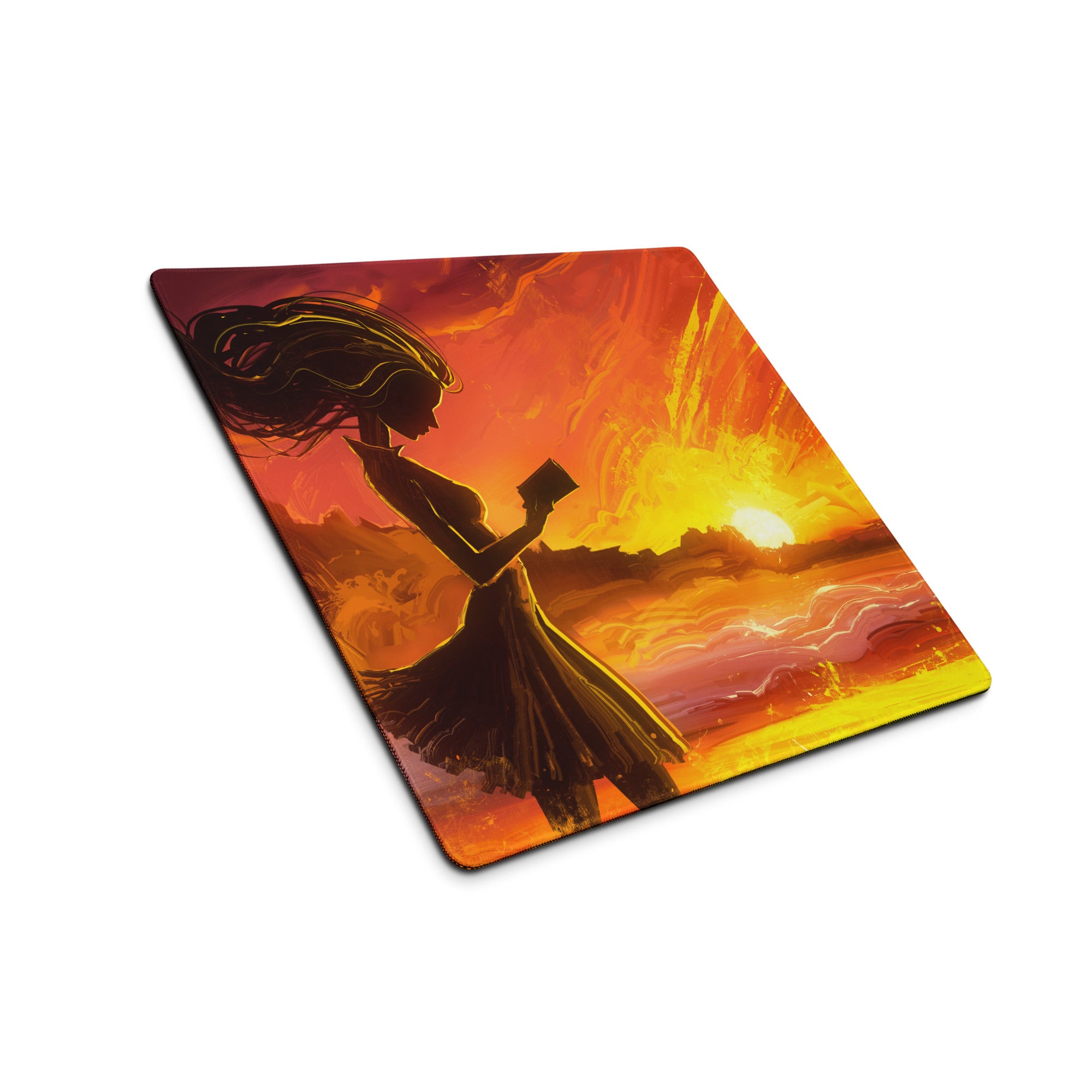 Gamer Mouse Pad Fiery Orange Sunset for Gaming Setup Large Desk Mat in Epic Digital Art Style