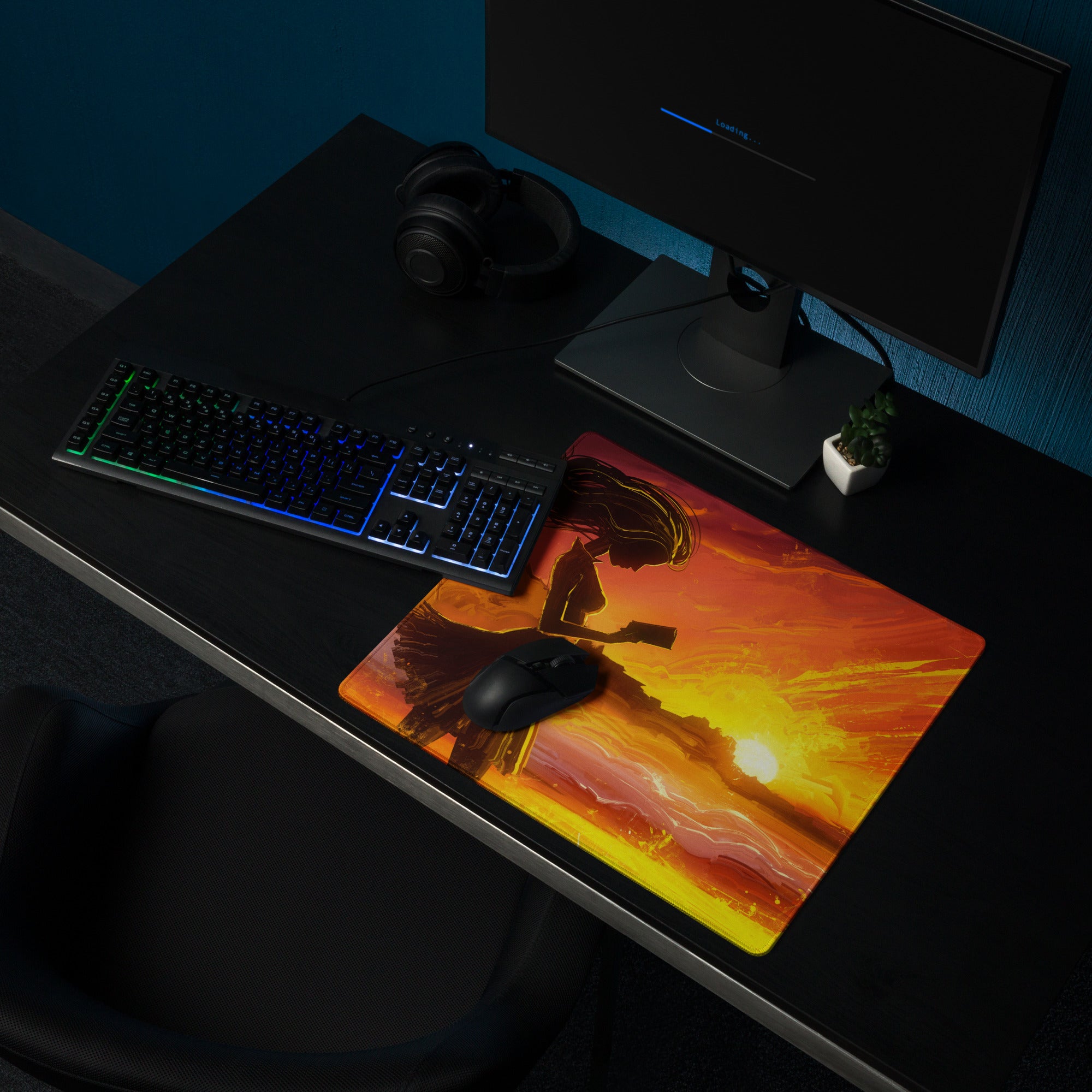 Gamer Mouse Pad Fiery Orange Sunset for Gaming Setup Large Desk Mat in Epic Digital Art Style