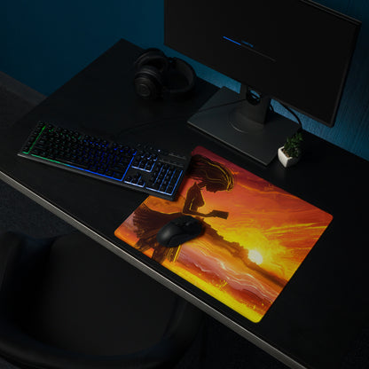 Gamer Mouse Pad Fiery Orange Sunset for Gaming Setup Large Desk Mat in Epic Digital Art Style