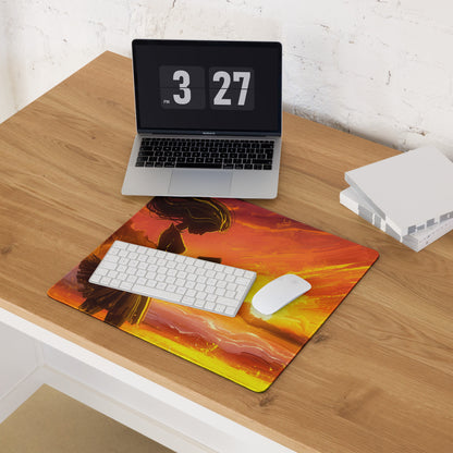Gamer Mouse Pad Fiery Orange Sunset for Gaming Setup Large Desk Mat in Epic Digital Art Style