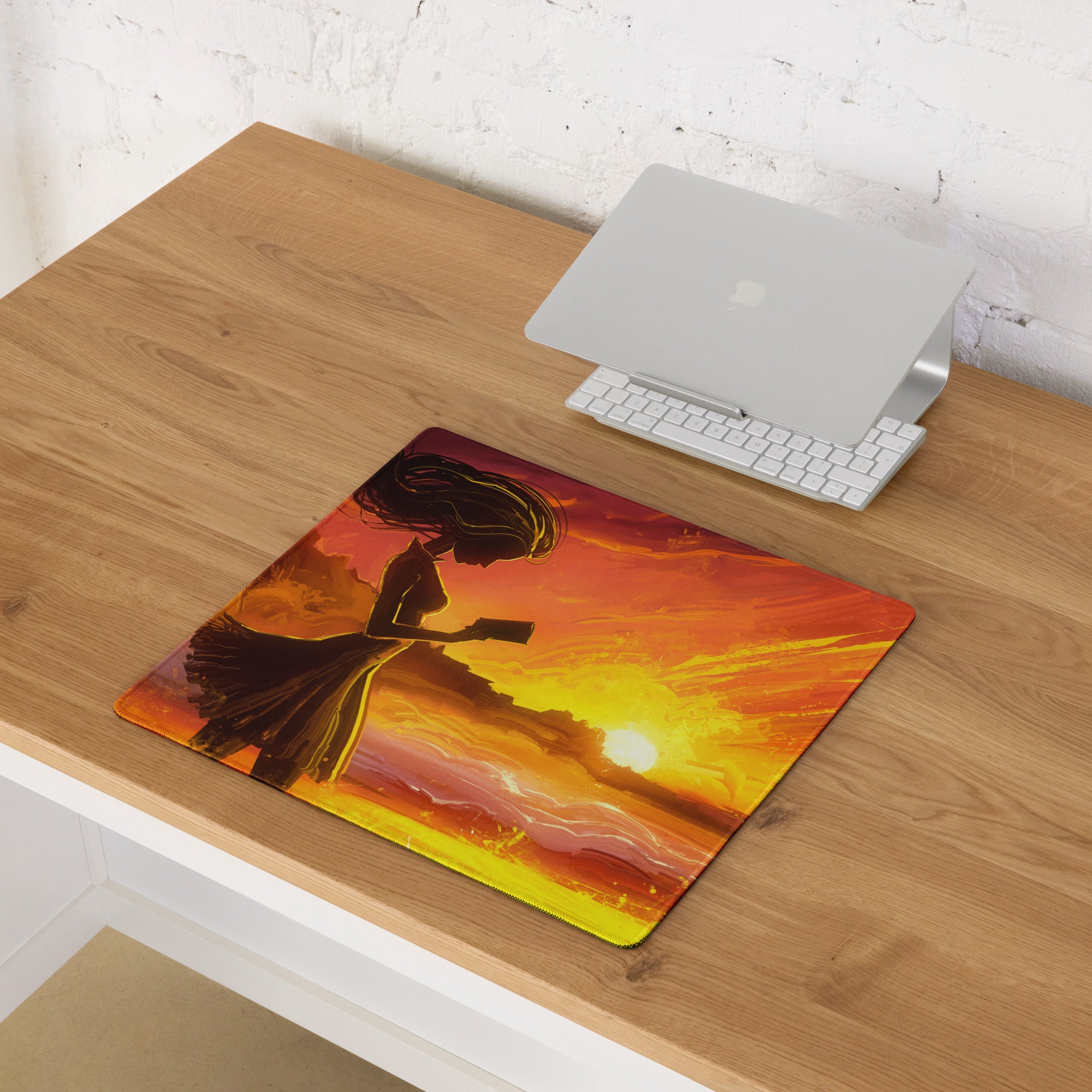 Gamer Mouse Pad Fiery Orange Sunset for Gaming Setup Large Desk Mat in Epic Digital Art Style