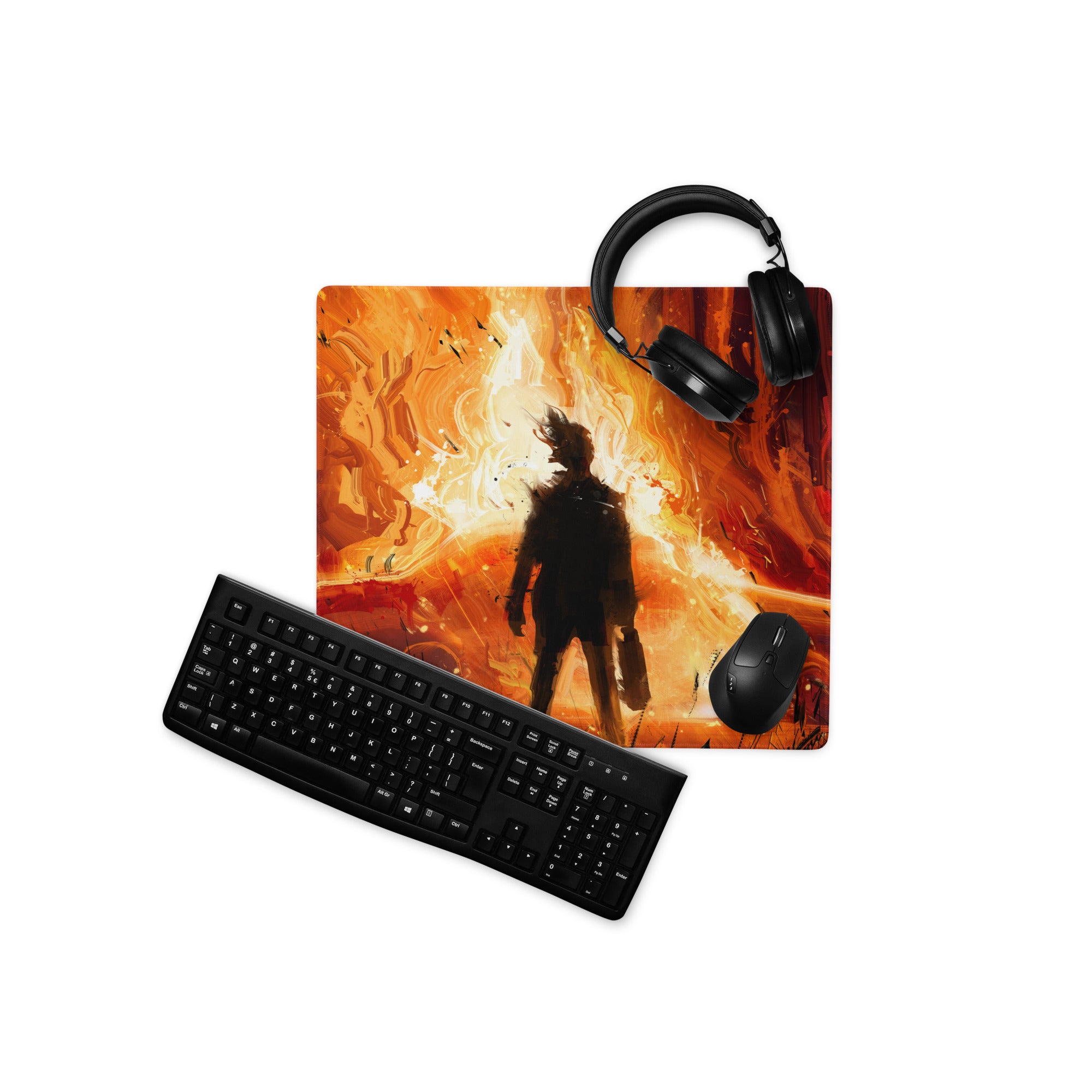 Fiery Orange Black Abstract Warrior Gaming Mouse Pad Large Non Slip Surface Edge Stitching for Dota CSGO