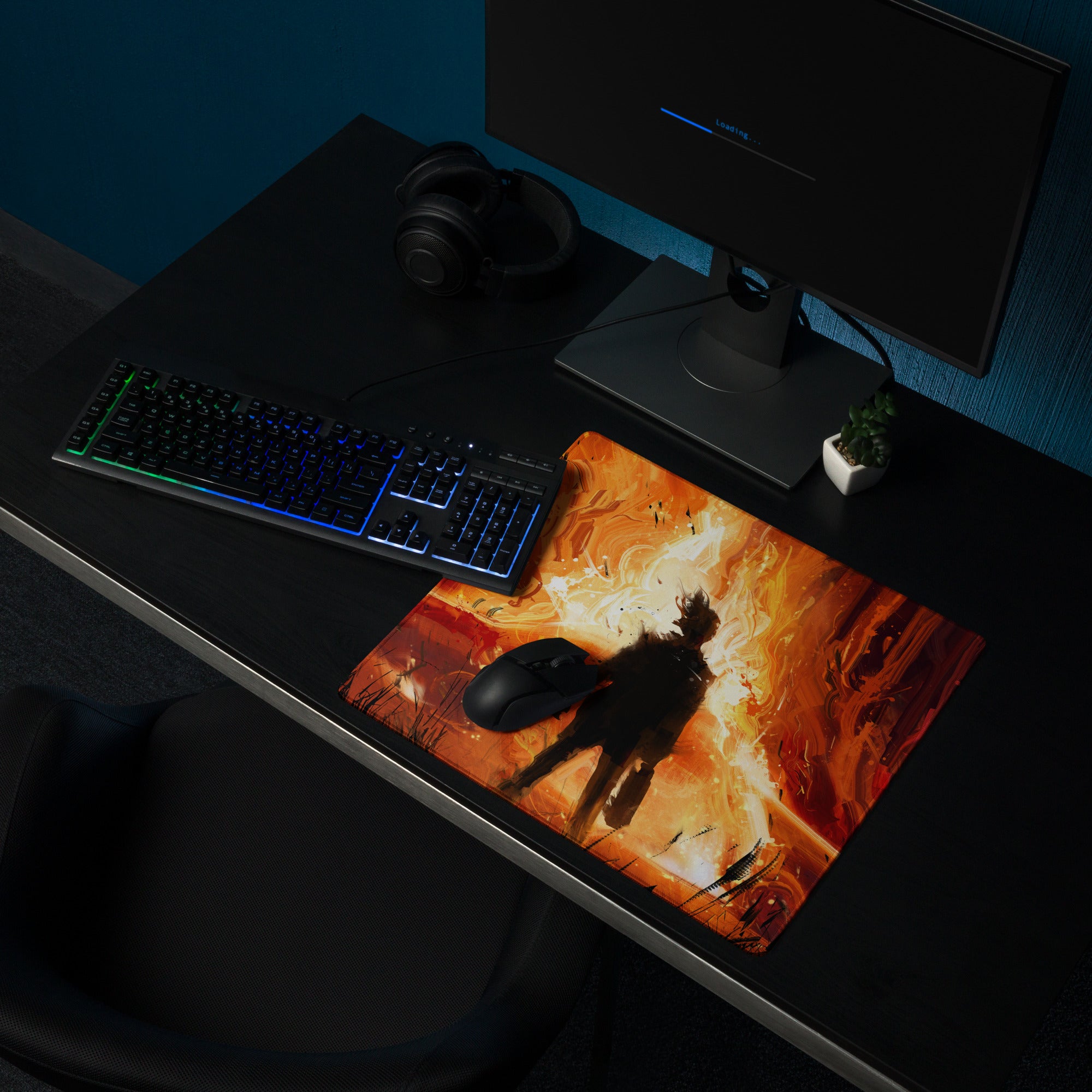 Fiery Orange Black Abstract Warrior Gaming Mouse Pad Large Non Slip Surface Edge Stitching for Dota CSGO
