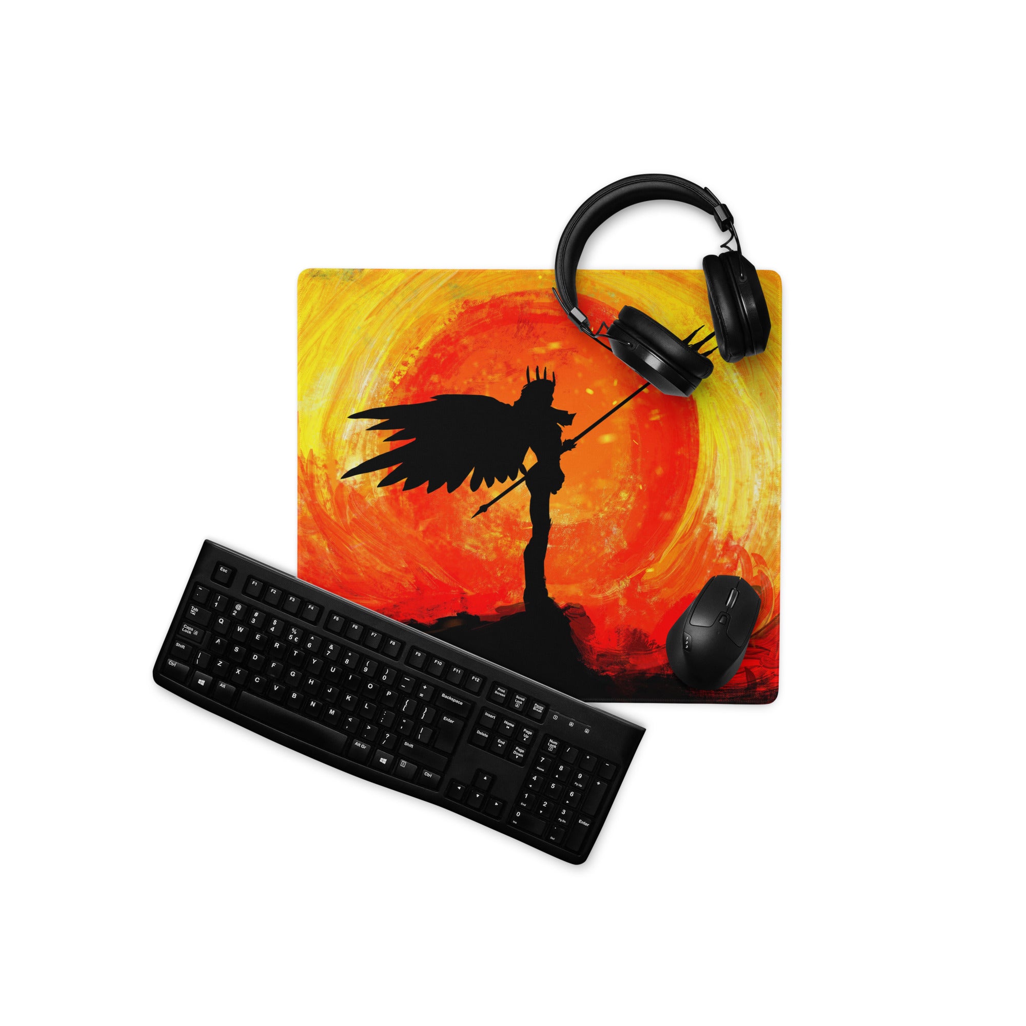 Gaming Mouse Pad Orange Sunset Silhouette Warrior Art Desk Setup Epic Mood Gamer Decor FPS MMO Digital Painting