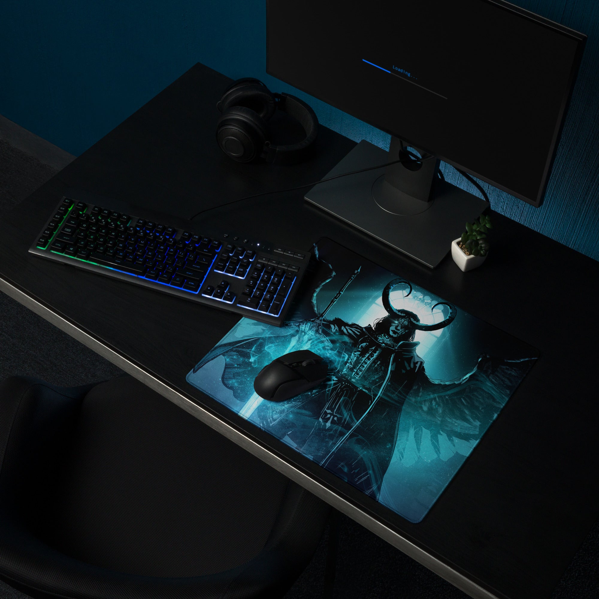 Blue Demon Warrior Gaming Mouse Pad Large Non Slip Edge Stitching Gaming Setup Mat