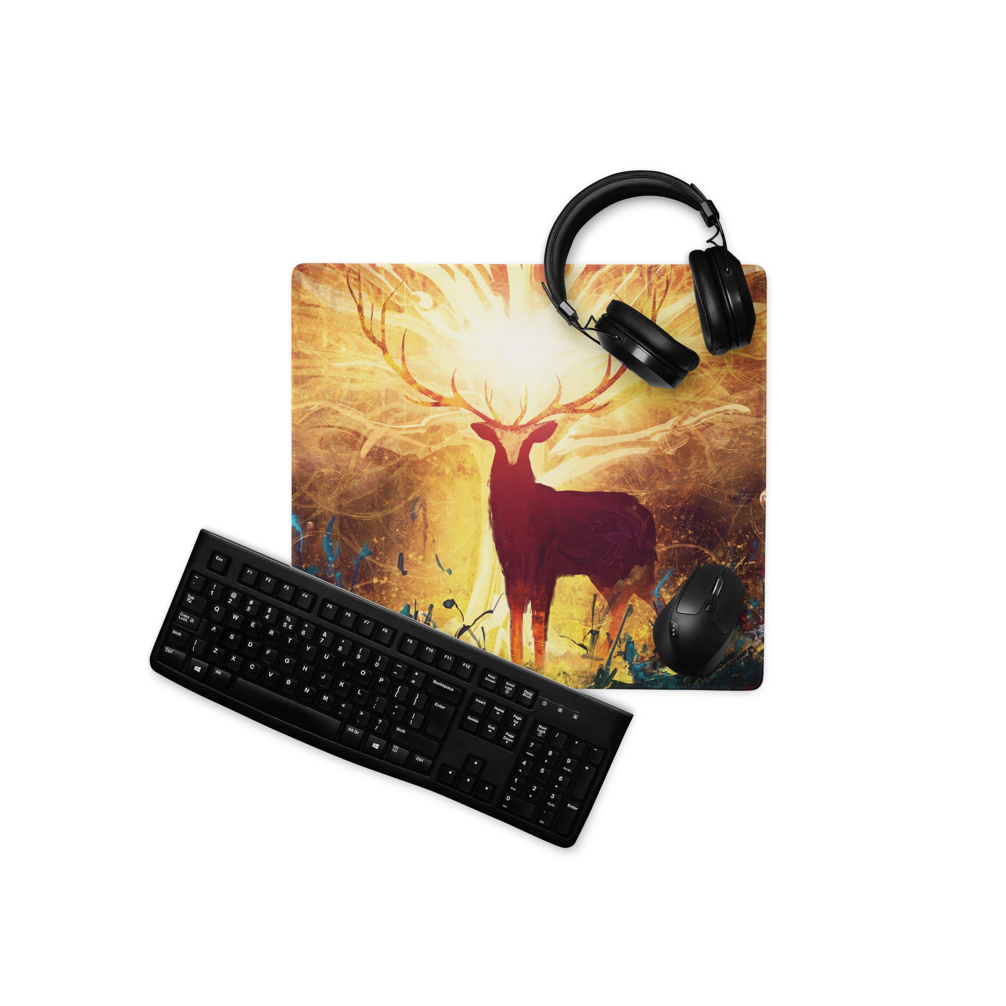 Gamer Mouse Pad Warm Orange Gold Deer Silhouette Art Desktop Desk Pad for Gaming Setup Large Non Slip Surface