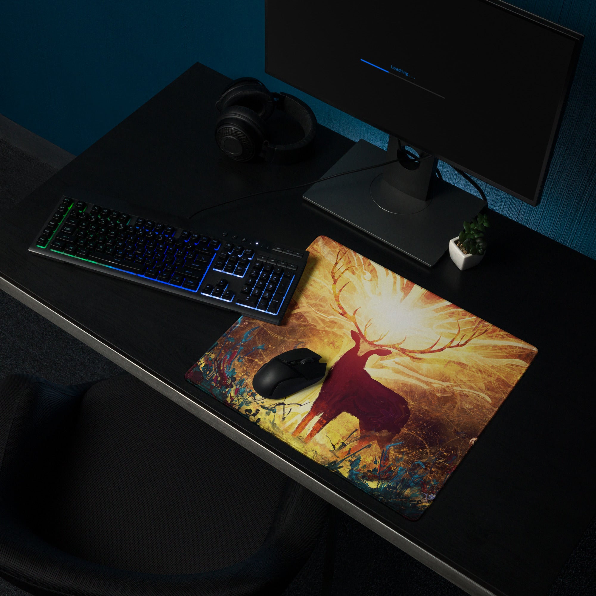 Gamer Mouse Pad Warm Orange Gold Deer Silhouette Art Desktop Desk Pad for Gaming Setup Large Non Slip Surface