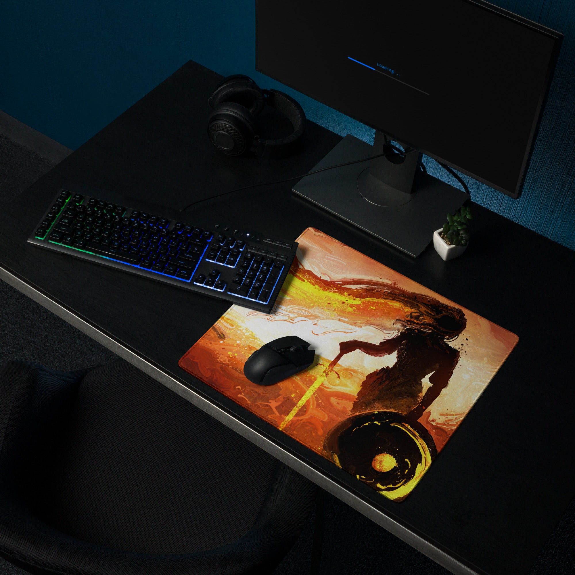 Orange Black Fiery Abstract Gaming Mouse Pad Large Non Slip With Edge Stitching For Gaming Setup