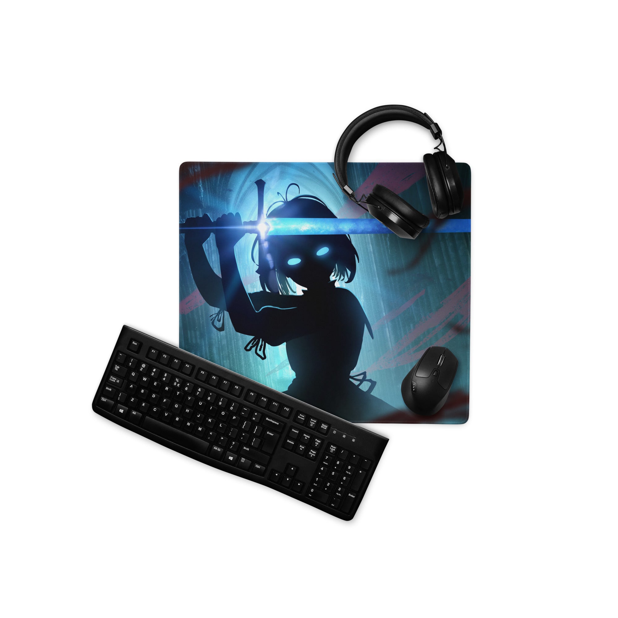 Blue Neon Gaming Mouse Pad For Desk Setup In Digital Art Style With Immersive Cyberpunk Mood And Large Extended Surface
