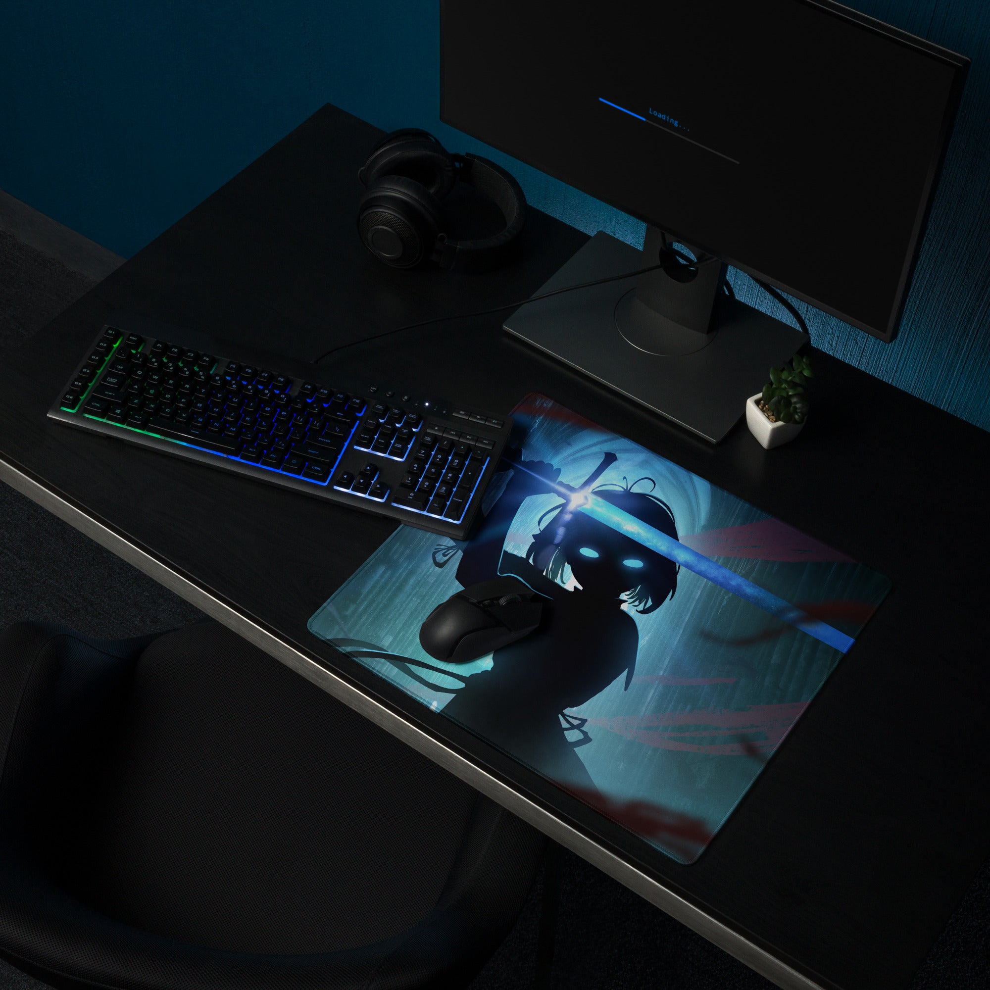 Blue Neon Gaming Mouse Pad For Desk Setup In Digital Art Style With Immersive Cyberpunk Mood And Large Extended Surface
