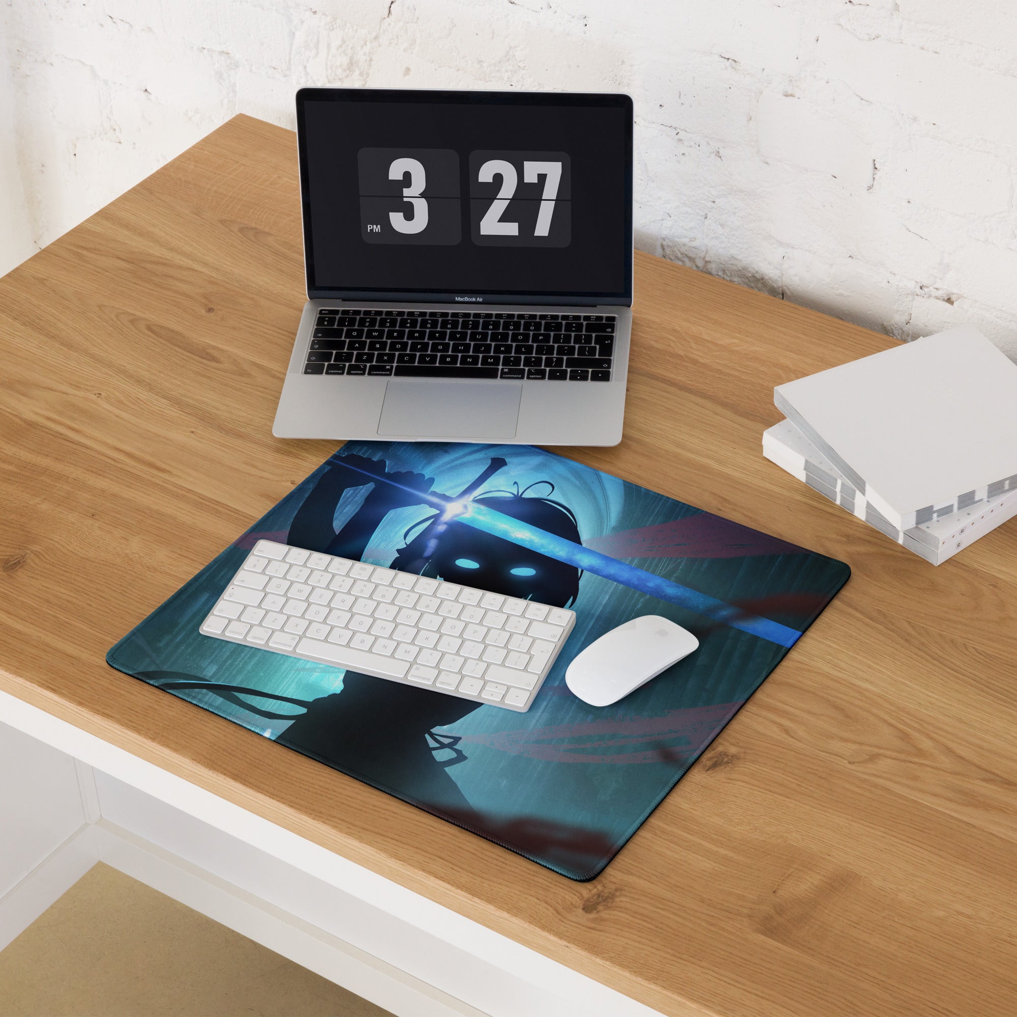 Blue Neon Gaming Mouse Pad For Desk Setup In Digital Art Style With Immersive Cyberpunk Mood And Large Extended Surface