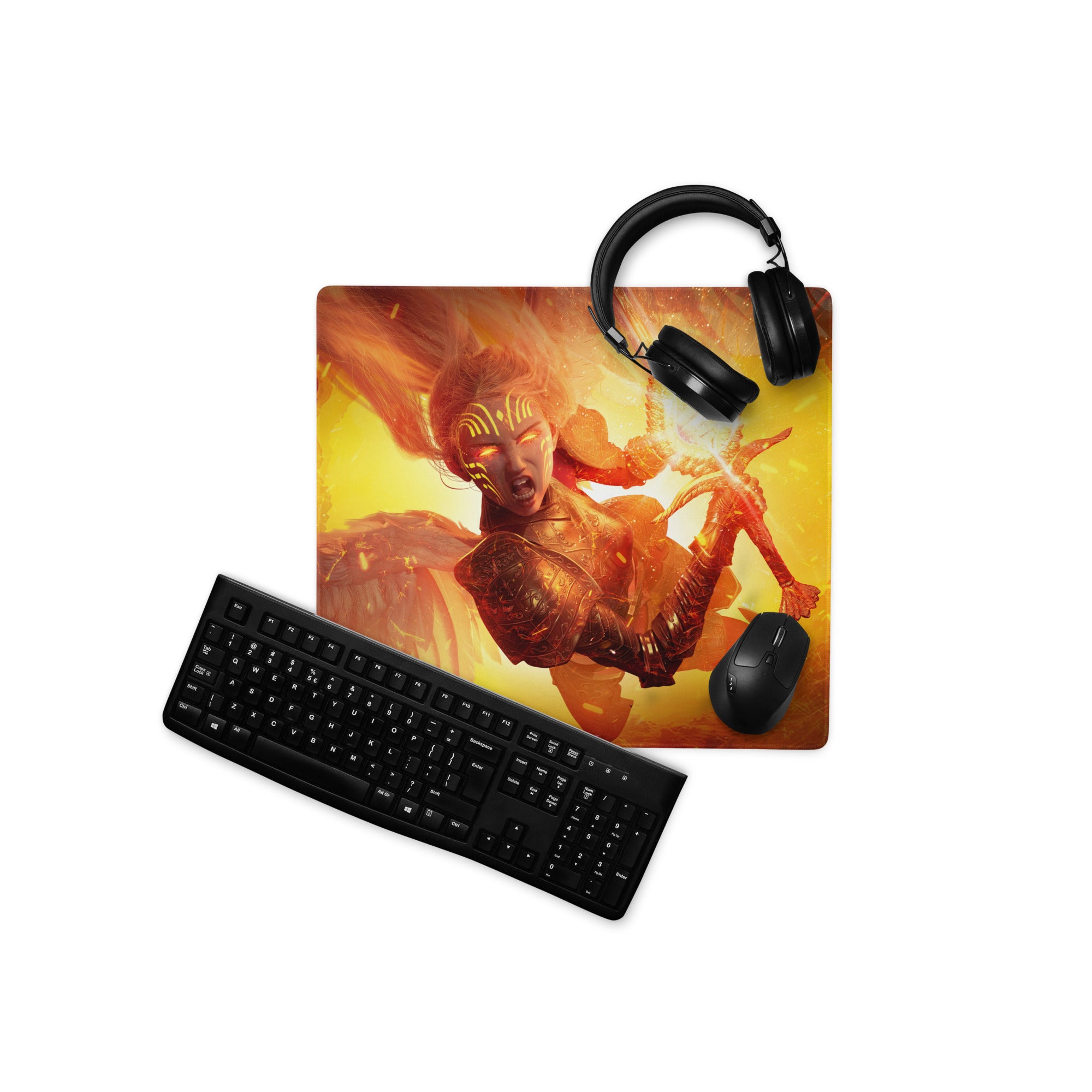 Gaming Mouse Pad Large Orange Red Fire Theme For Gaming Desk Setup Non Slip Edge Stitching Cyberpunk Digital Artwork