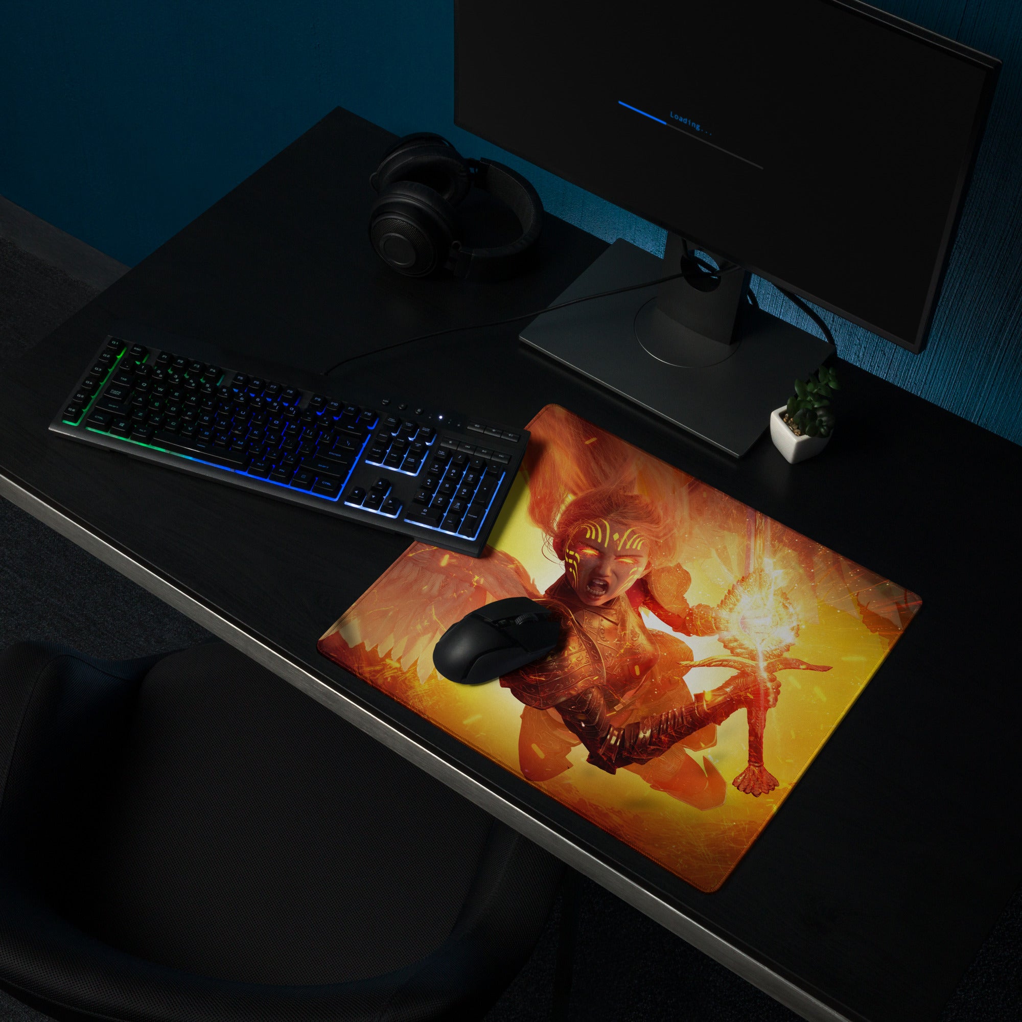 Gaming Mouse Pad Large Orange Red Fire Theme For Gaming Desk Setup Non Slip Edge Stitching Cyberpunk Digital Artwork