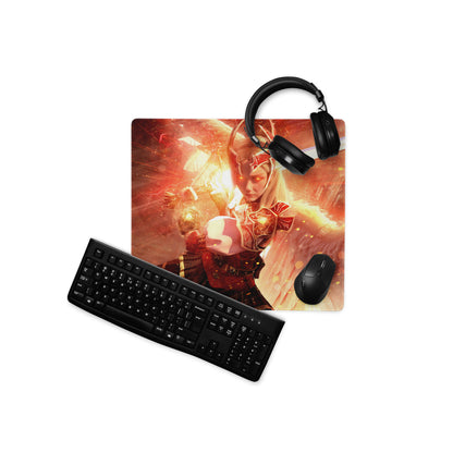 Gaming Mouse Pad Large Red Fiery Warrior Theme Desk Setup Non Slip Base Edge Stitching Epic Mood