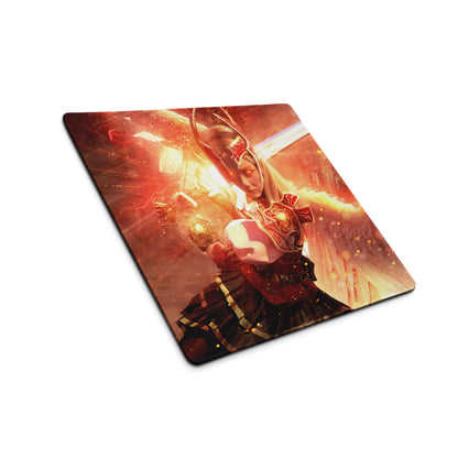Gaming Mouse Pad Large Red Fiery Warrior Theme Desk Setup Non Slip Base Edge Stitching Epic Mood