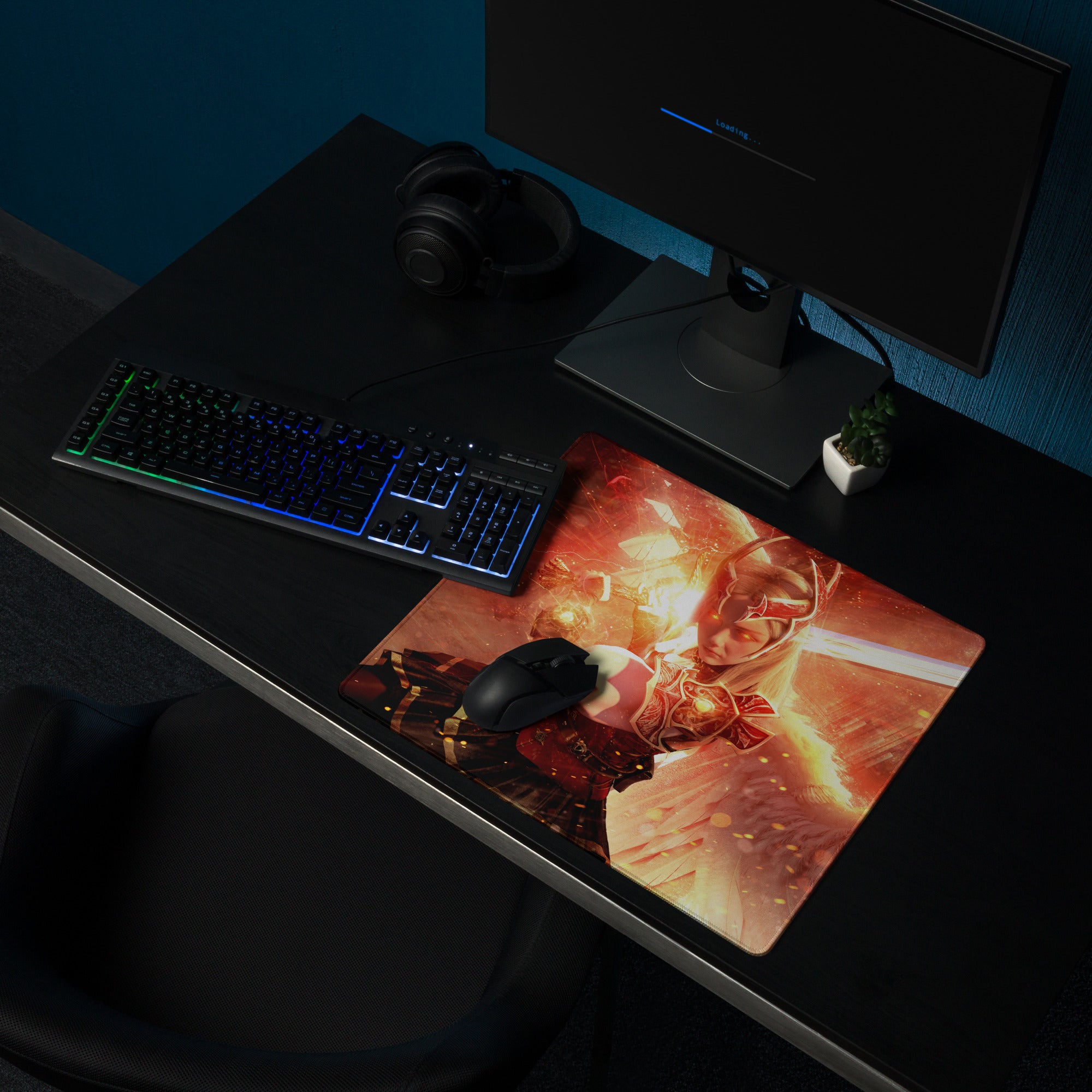 Gaming Mouse Pad Large Red Fiery Warrior Theme Desk Setup Non Slip Base Edge Stitching Epic Mood