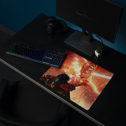 Gaming Mouse Pad Large Red Fiery Warrior Theme Desk Setup Non Slip Base Edge Stitching Epic Mood