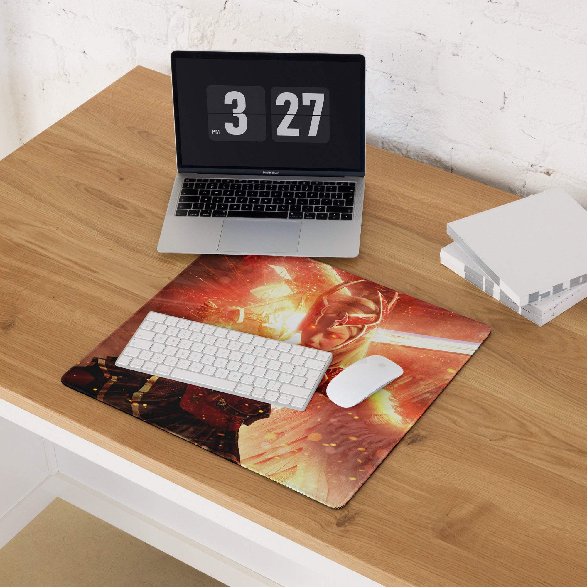 Fiery warrior gaming mouse pad featuring red and orange superhero graphic for modern gamer decor and setup