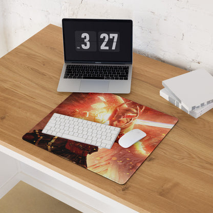Gaming Mouse Pad Large Red Fiery Warrior Theme Desk Setup Non Slip Base Edge Stitching Epic Mood