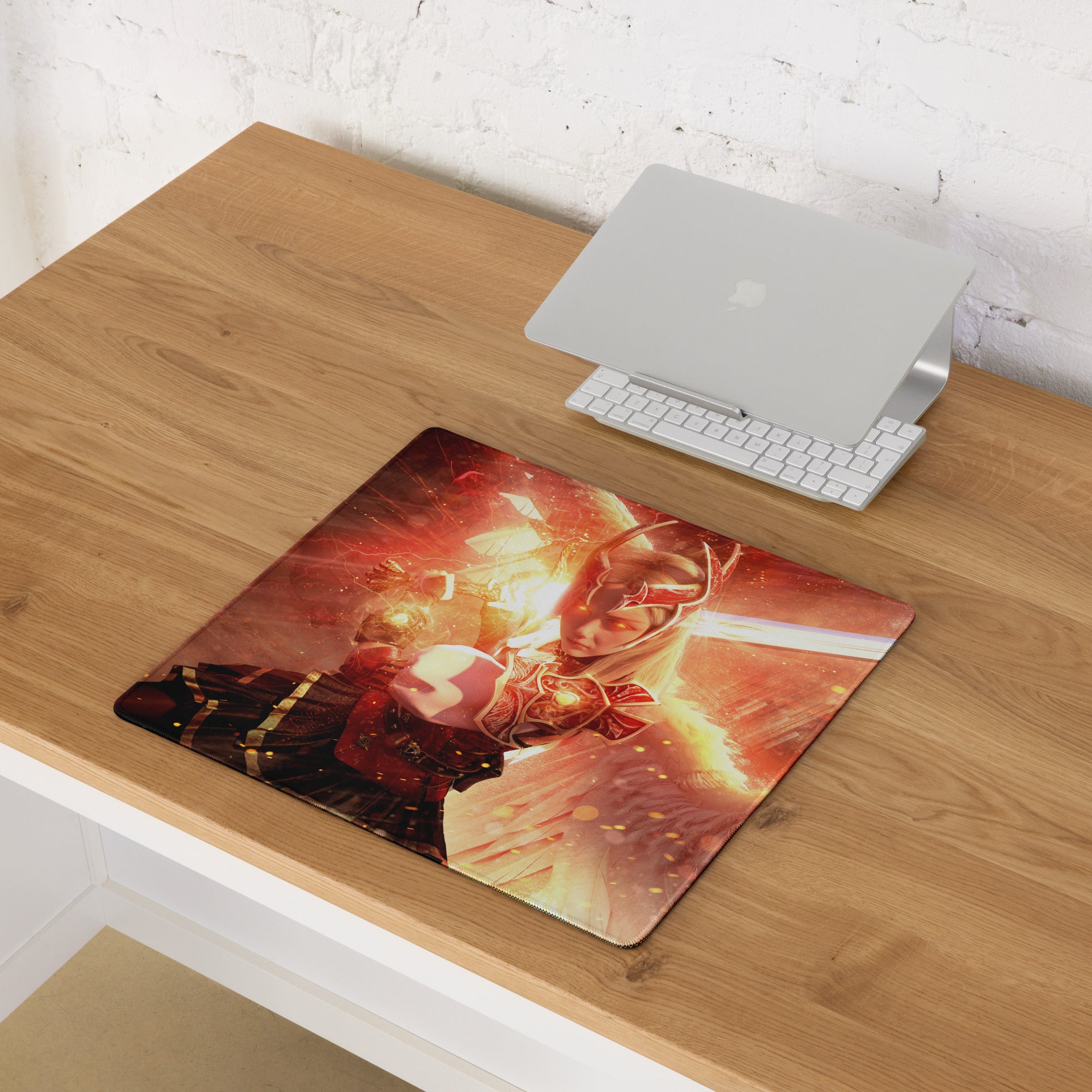 Gaming Mouse Pad Large Red Fiery Warrior Theme Desk Setup Non Slip Base Edge Stitching Epic Mood