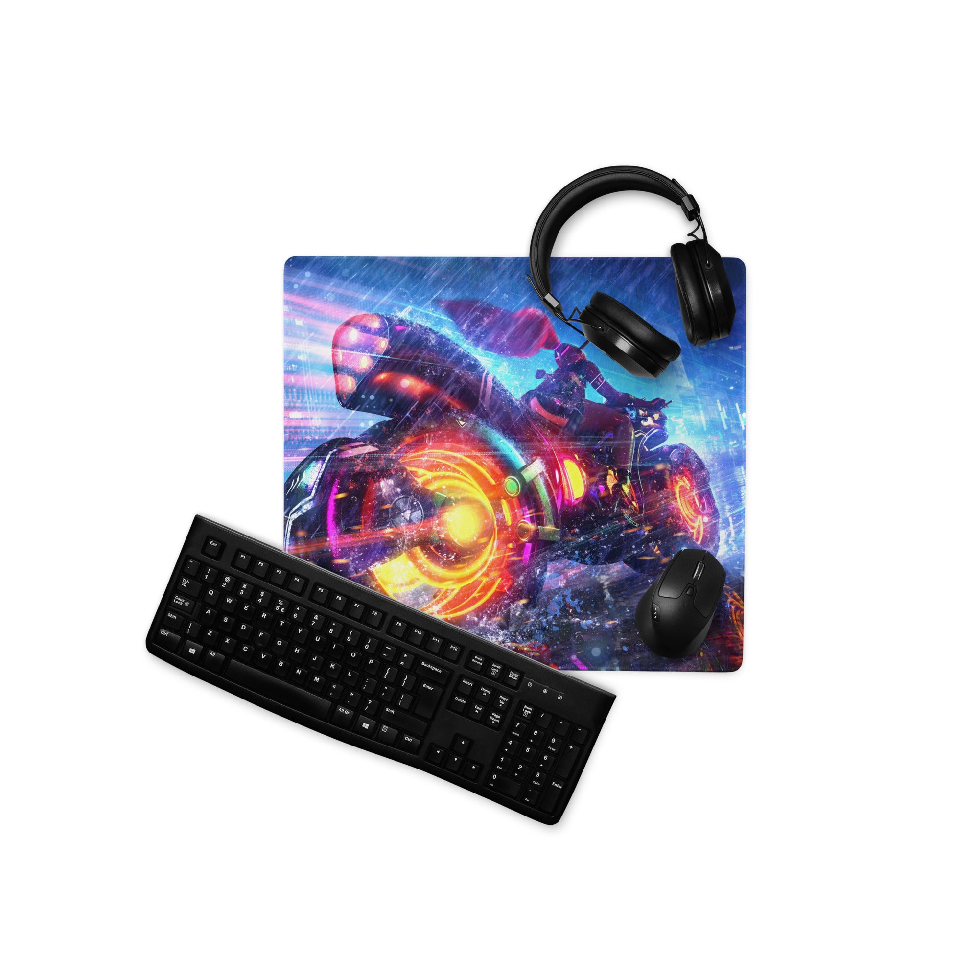 Gaming Mouse Pad Neon Blue Purple Pink For Desk Setup Cyberpunk Style Non Slip Edge Stitch HD Print