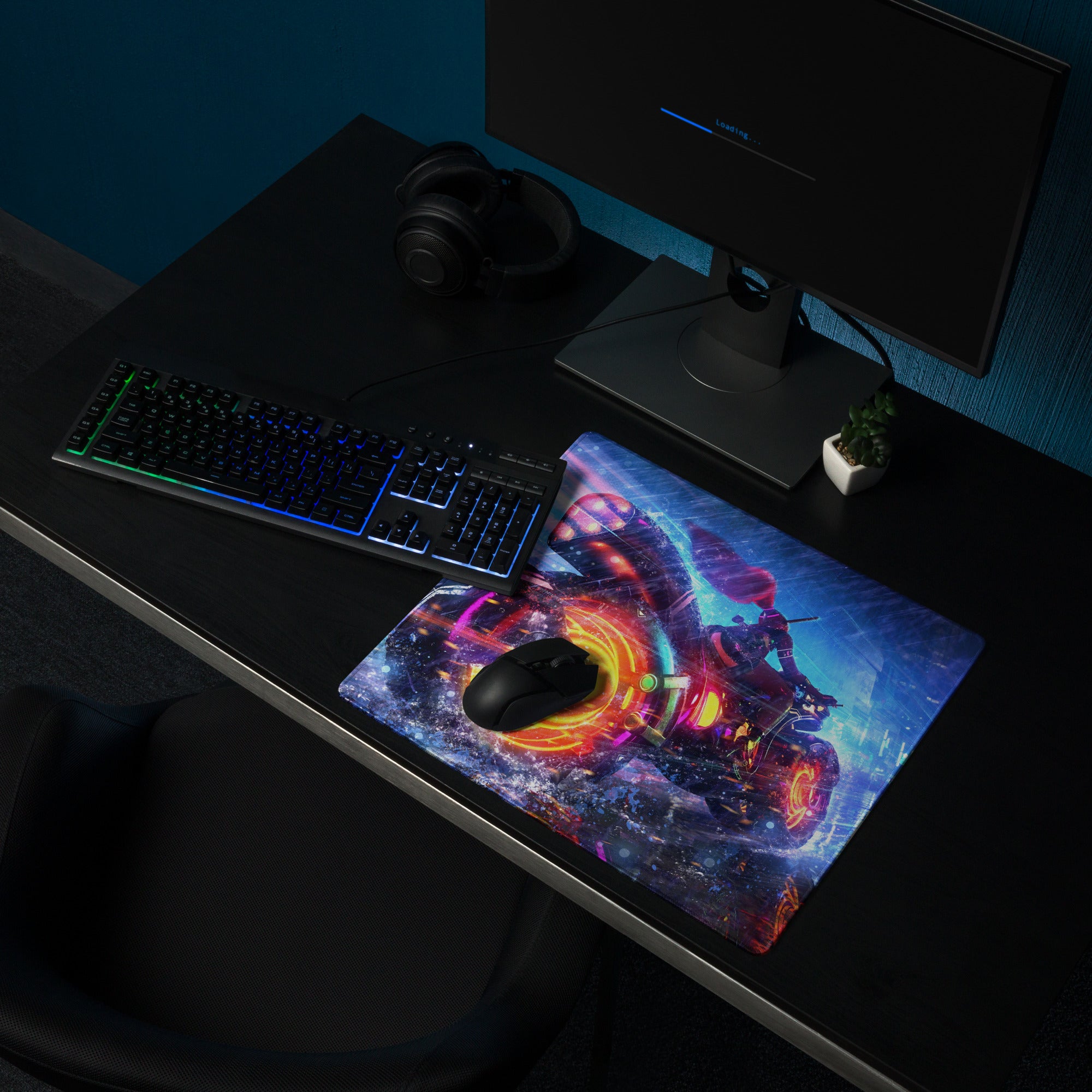 Gaming Mouse Pad Neon Blue Purple Pink For Desk Setup Cyberpunk Style Non Slip Edge Stitch HD Print