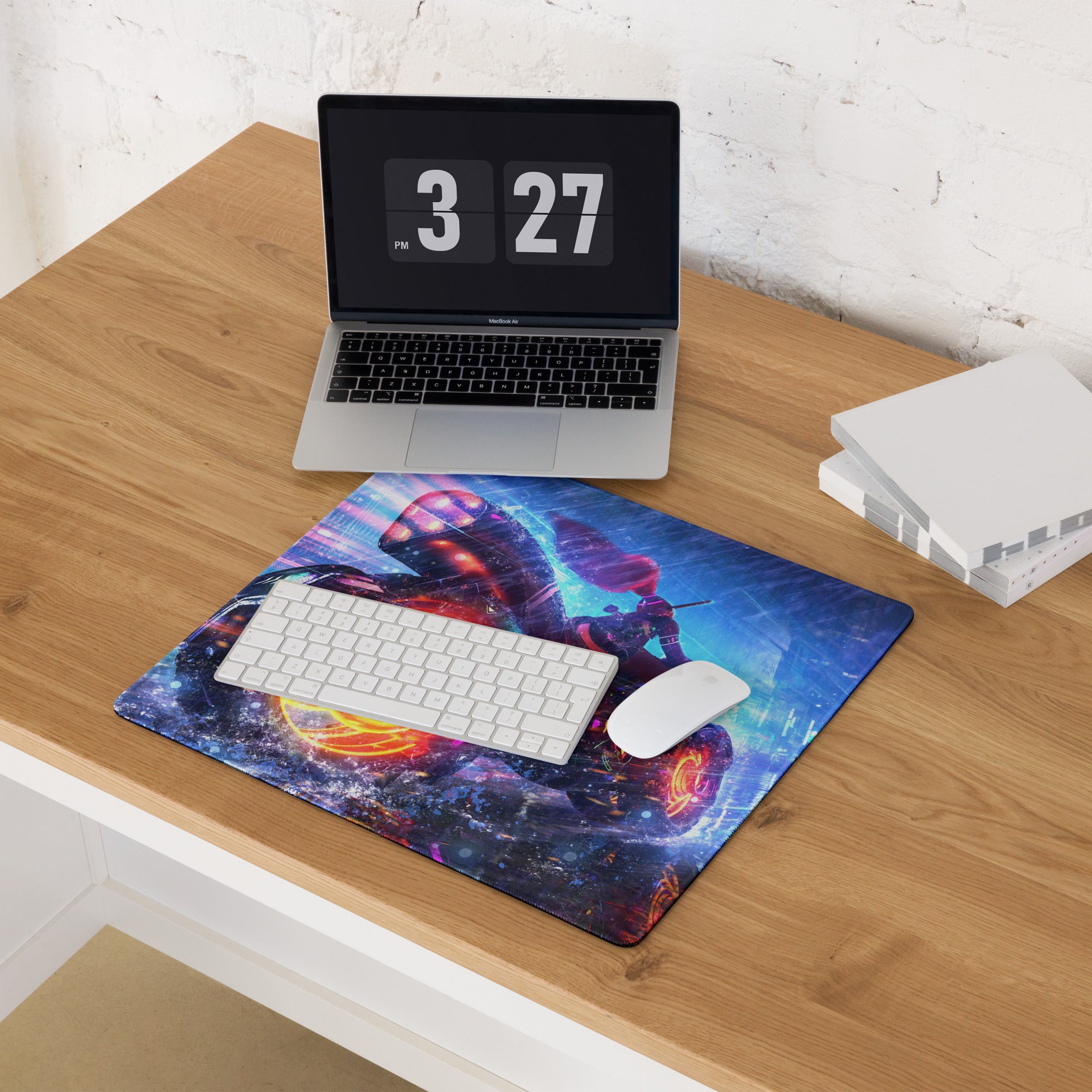 Gaming Mouse Pad Neon Blue Purple Pink For Desk Setup Cyberpunk Style Non Slip Edge Stitch HD Print