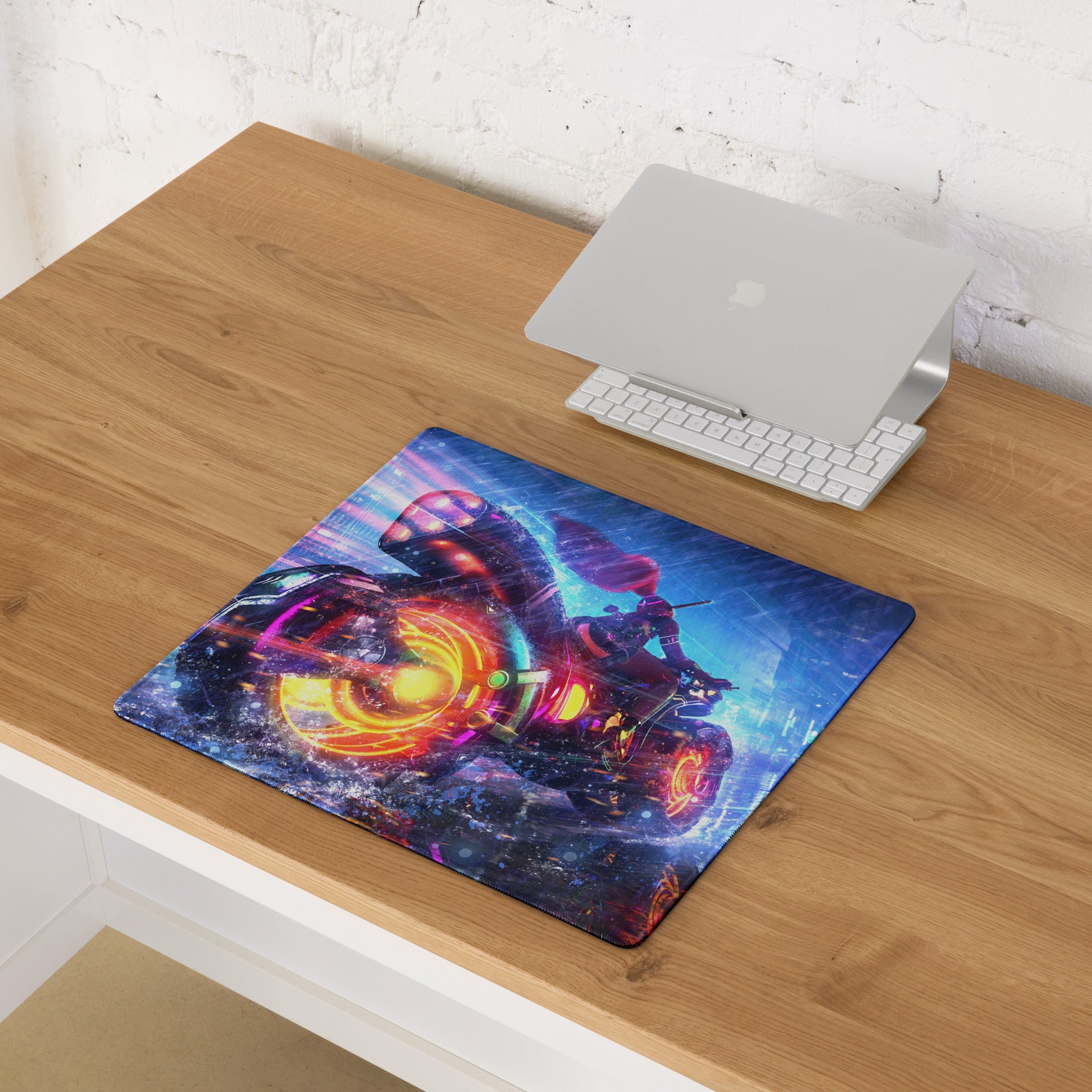 Gaming Mouse Pad Neon Blue Purple Pink For Desk Setup Cyberpunk Style Non Slip Edge Stitch HD Print