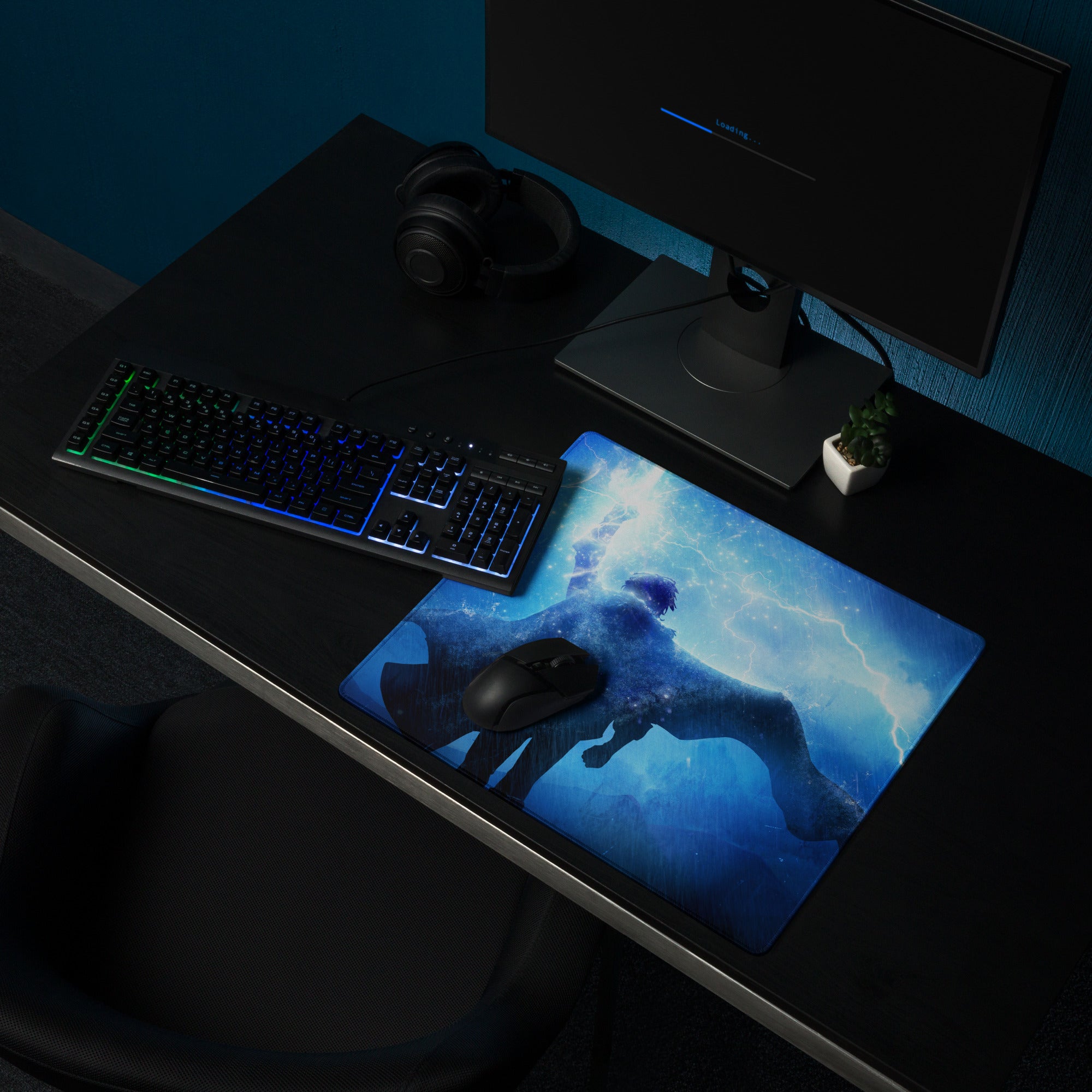 Blue Lightning Gaming Mouse Pad for Desktop Setup, Large Non Slip Edge, Neon Hero Artwork