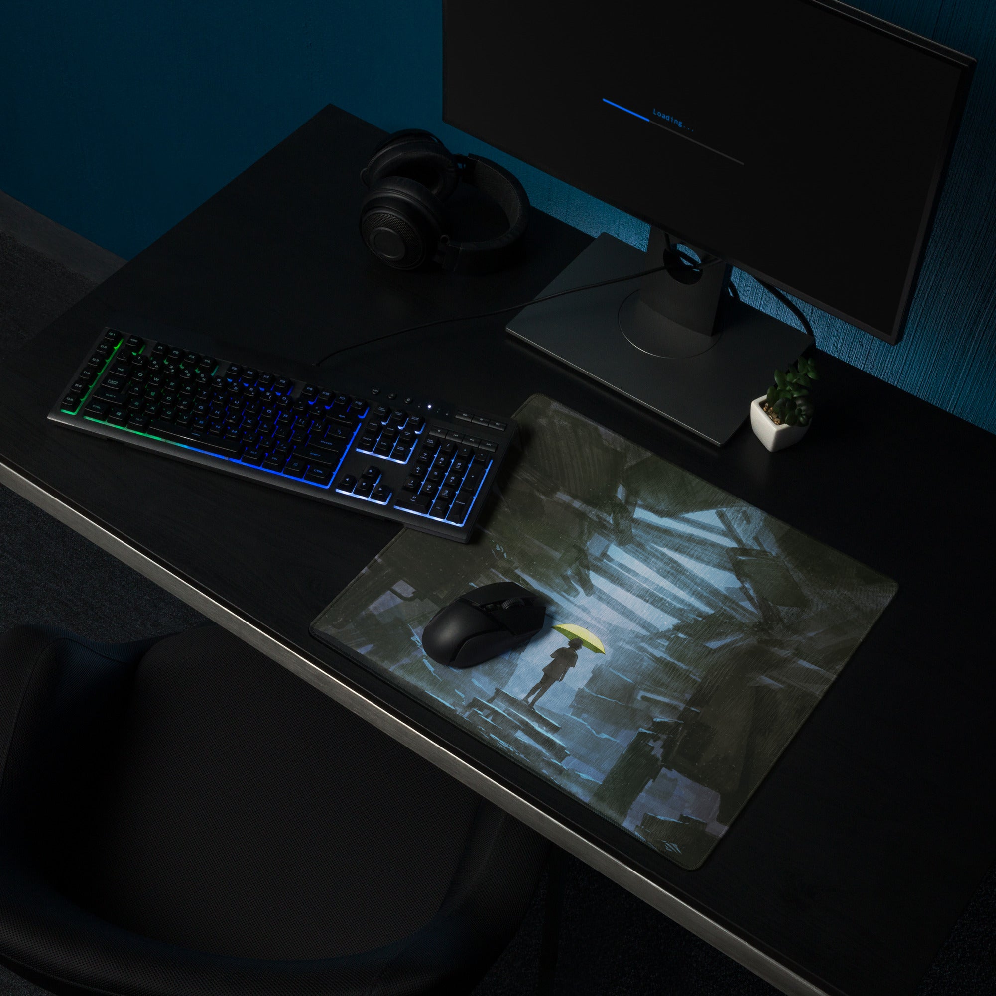 Gaming Mouse Pad Blue And Black With Yellow Umbrella Artwork For Desk Setup Modern Abstract Style