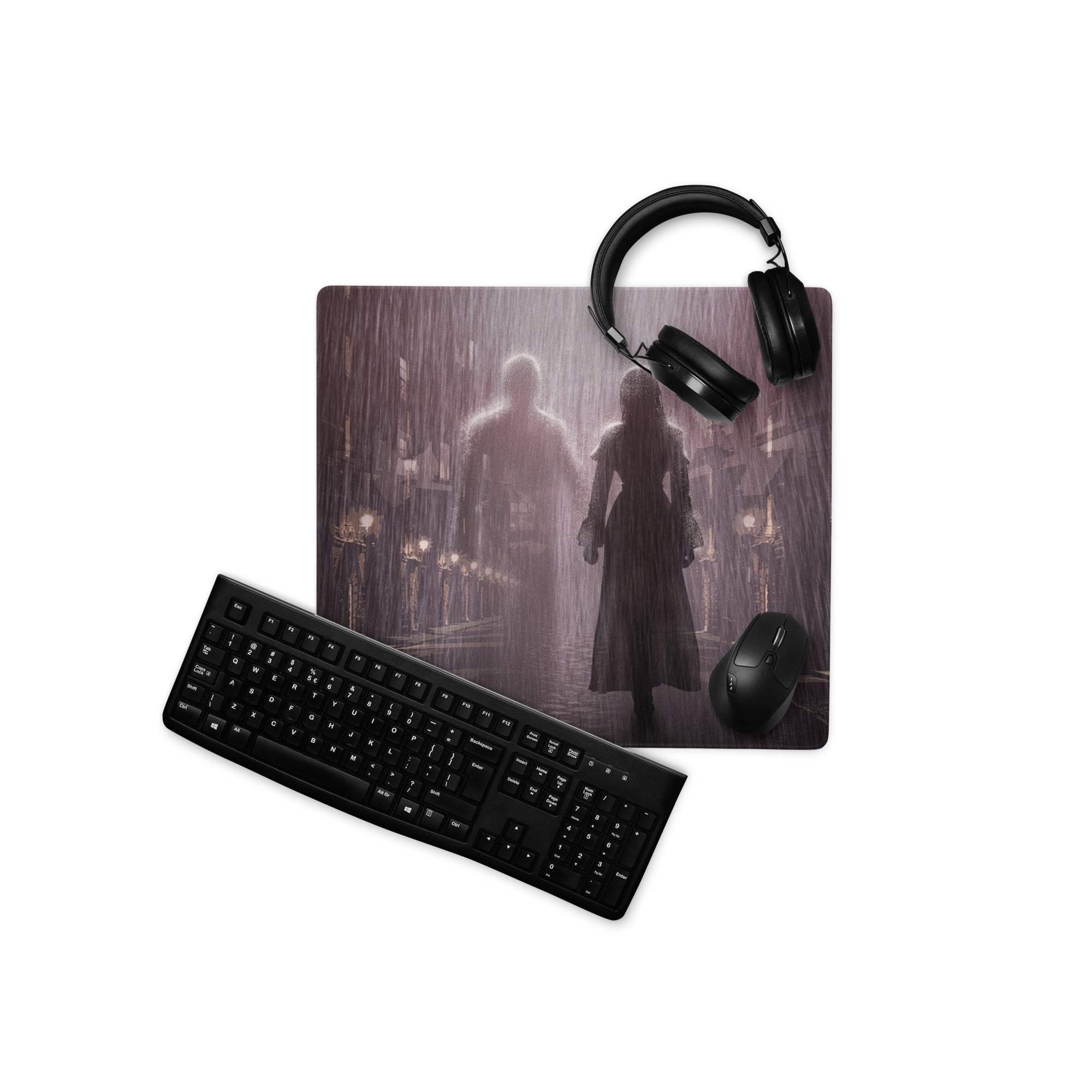 Black keyboard and mouse on a dark purple gray polyester noir rain city gaming mouse pad with silhouettes walking in rain