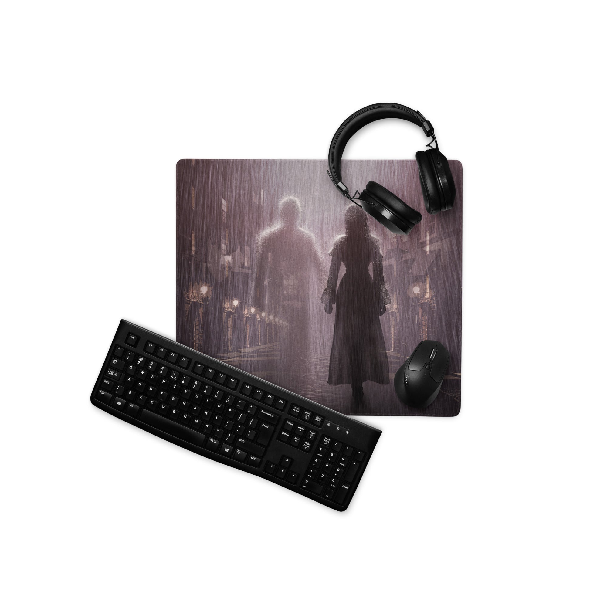 Dark Purple Gray Rainy City Noir Gaming Mouse Pad For Desktop Setup With Large Size And Non Slip Edges