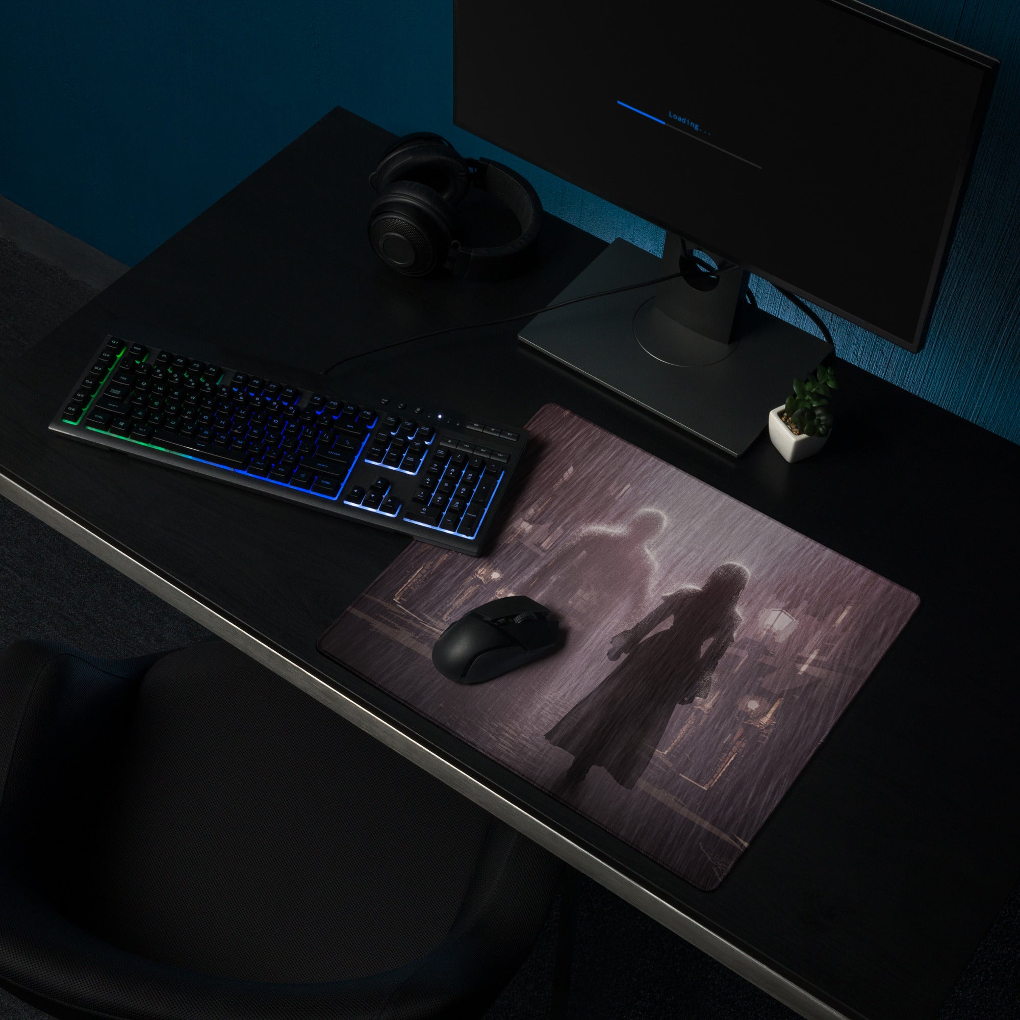 Dark Purple Gray Rainy City Noir Gaming Mouse Pad For Desktop Setup With Large Size And Non Slip Edges