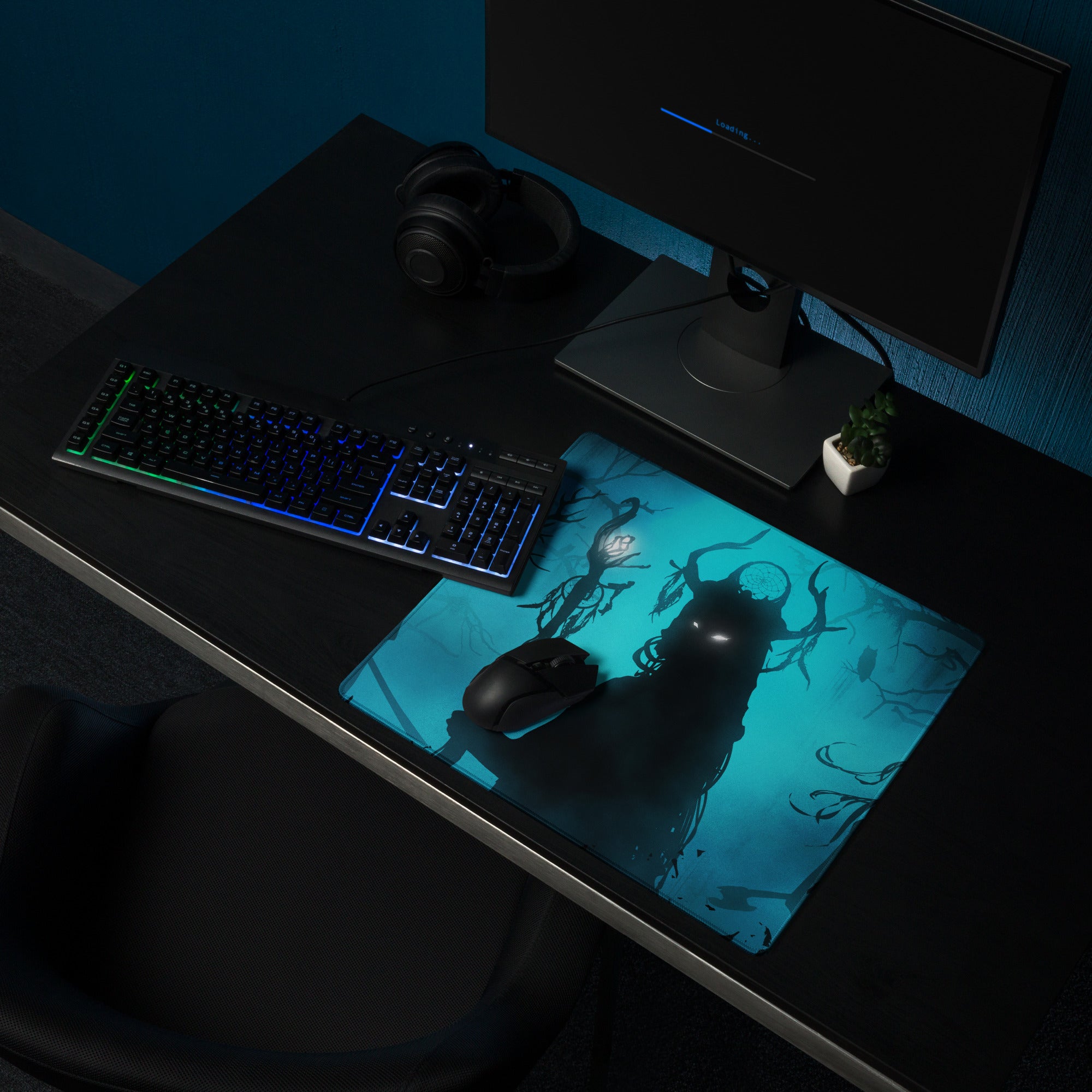 Gaming Mouse Pad Large Blue Black For Gaming Desk Setup Silhouette Dark Fantasy Digital Art